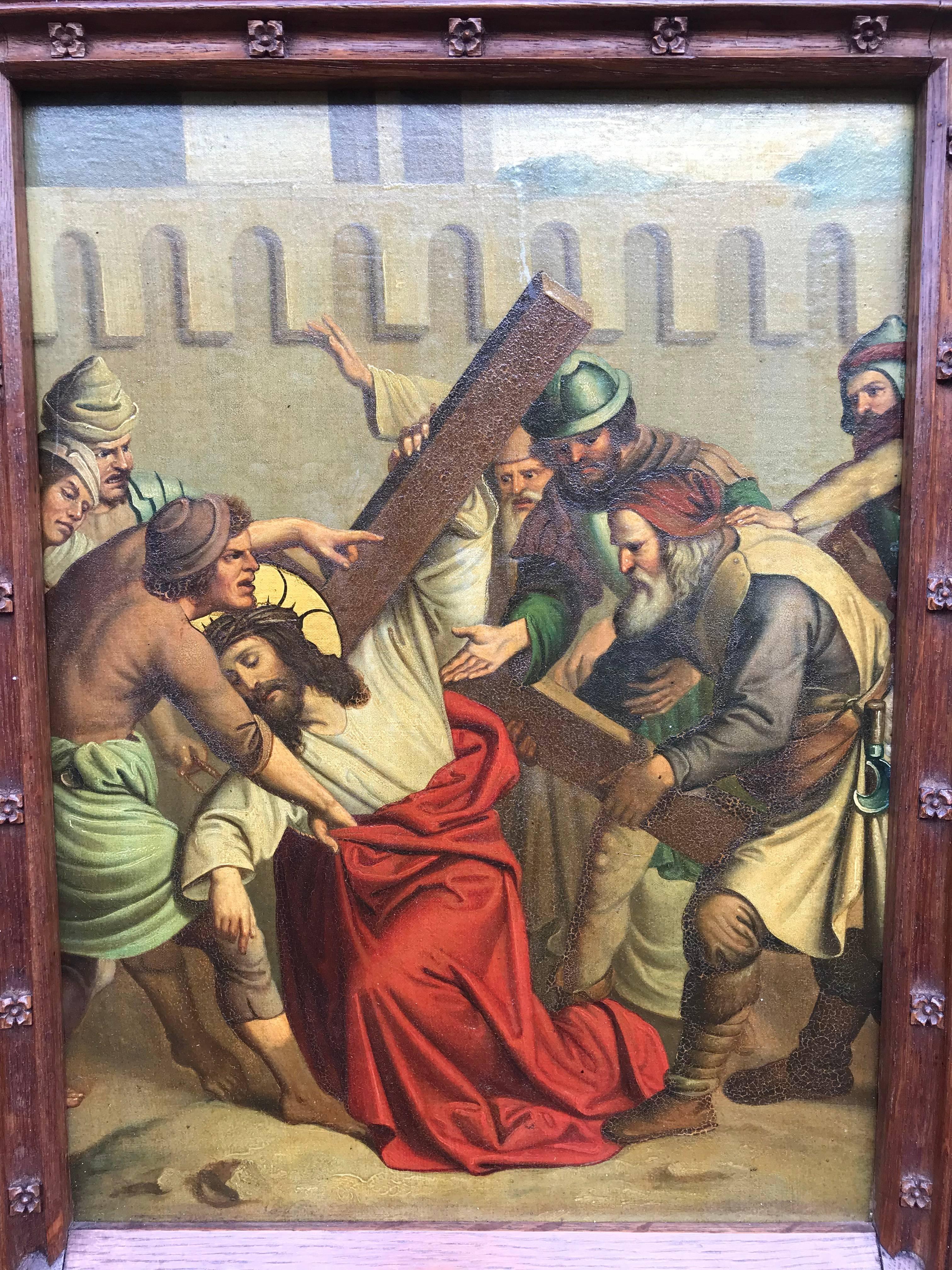 Another stunning work of religious art. 

This polychrome painting on metal depicts, Simon of Cyrene helping Jesus to carry the cross. All kinds of human emotions can be read from the faces of the different figures in this impressive painting. It is