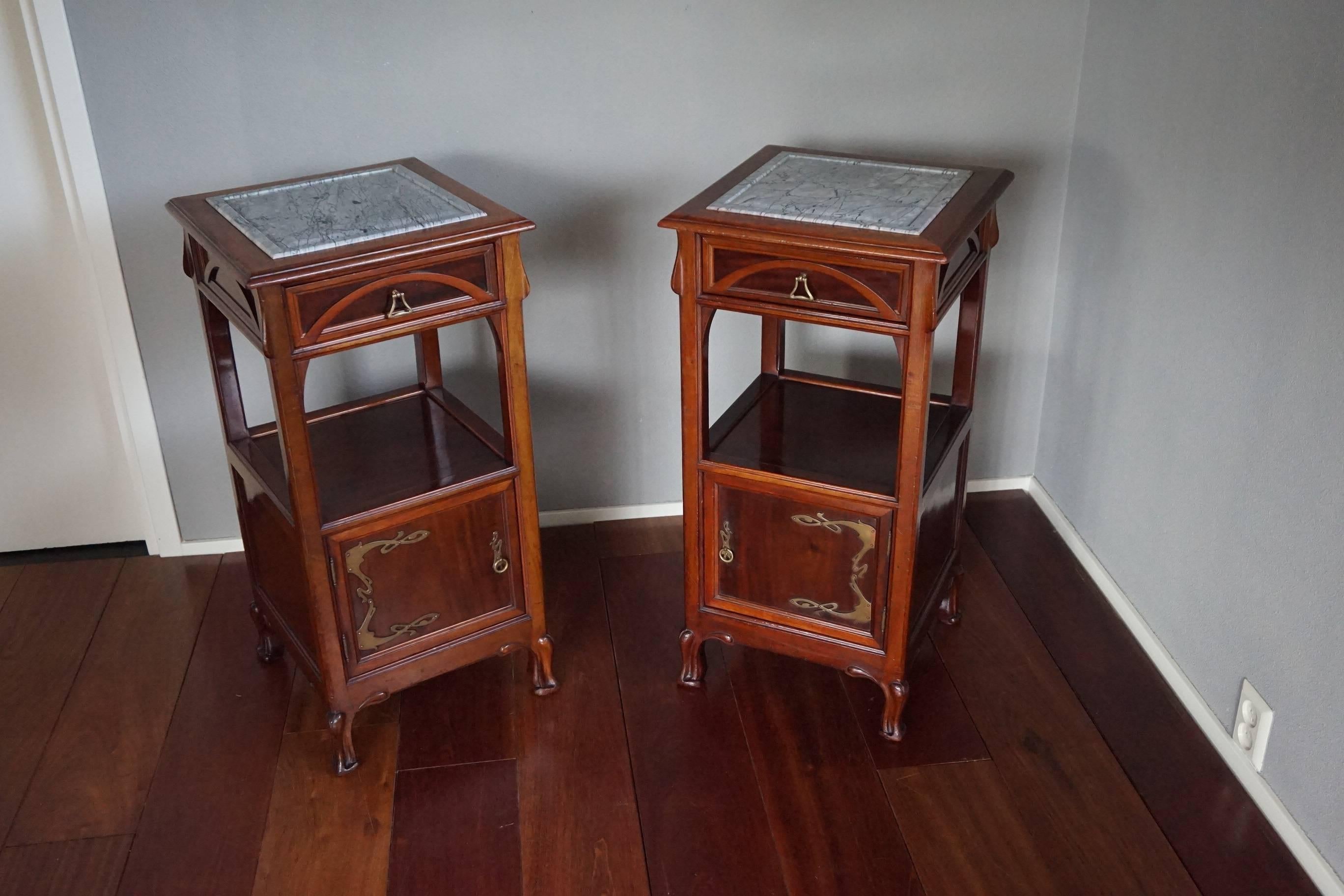 Mahogany & Brass Art Nouveau Bedside Cabinets / Nightstands Louis Majorelle St. 2