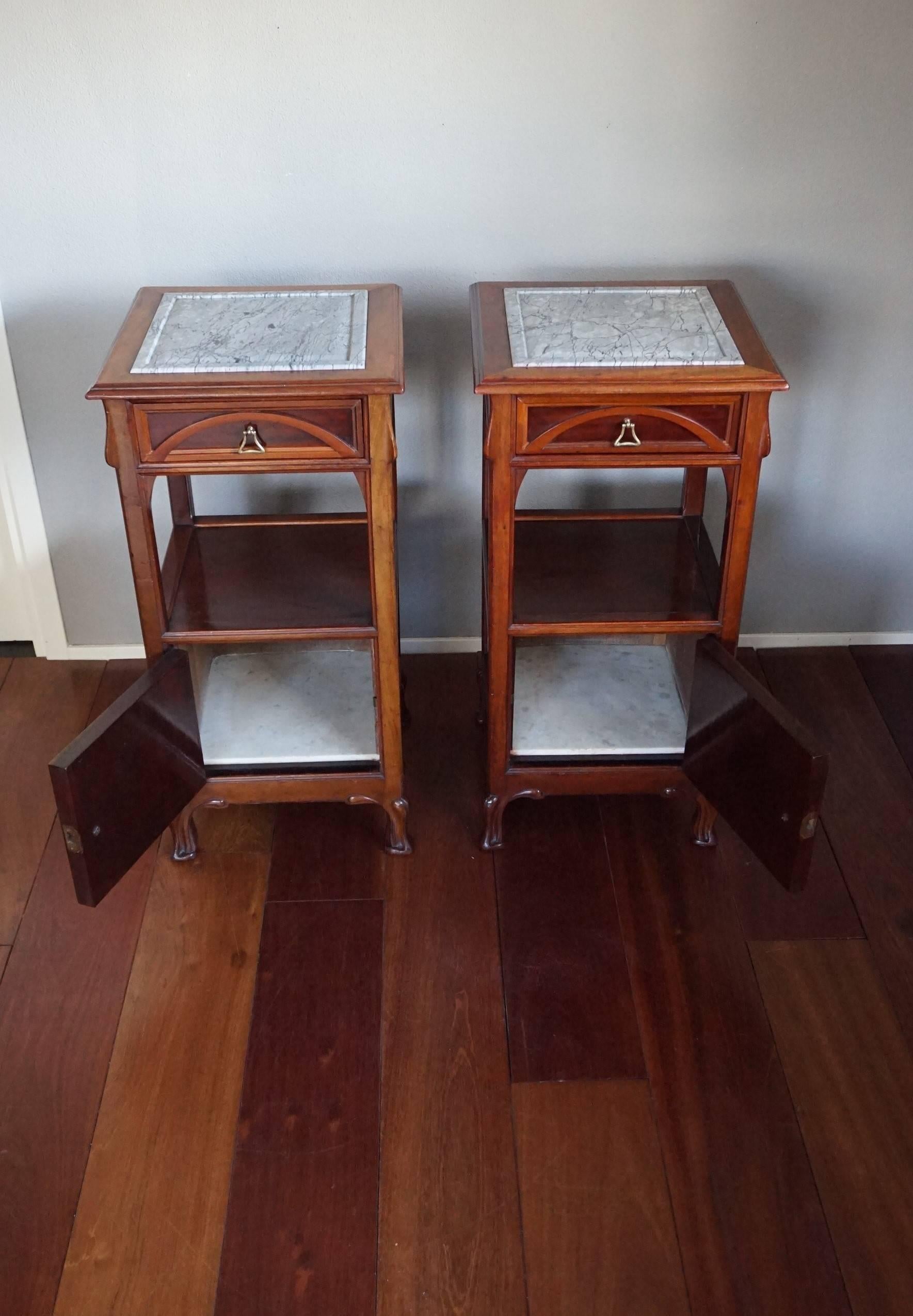 Hand-Crafted Mahogany & Brass Art Nouveau Bedside Cabinets / Nightstands Louis Majorelle St.