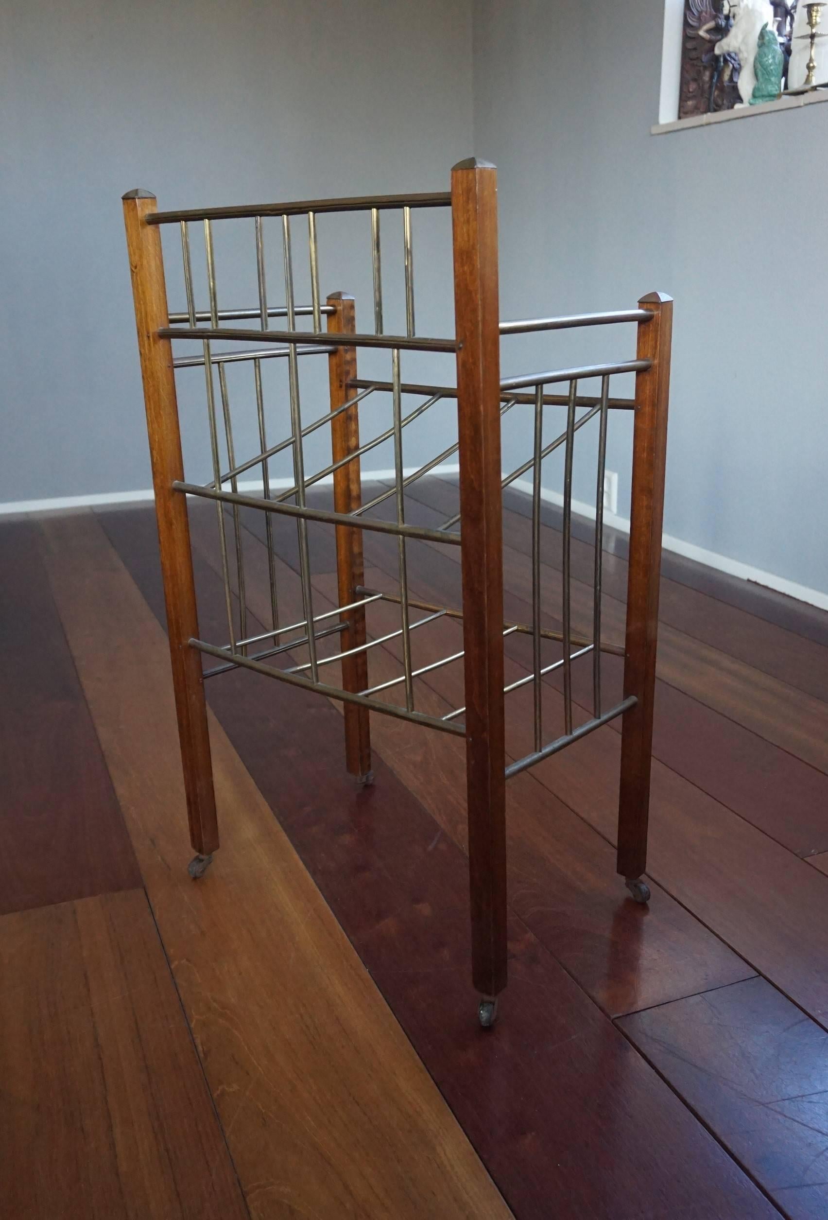 20th Century Modernist Brass Frame and Nutwood Legs Magazine / Sheet Music Stand on Wheels