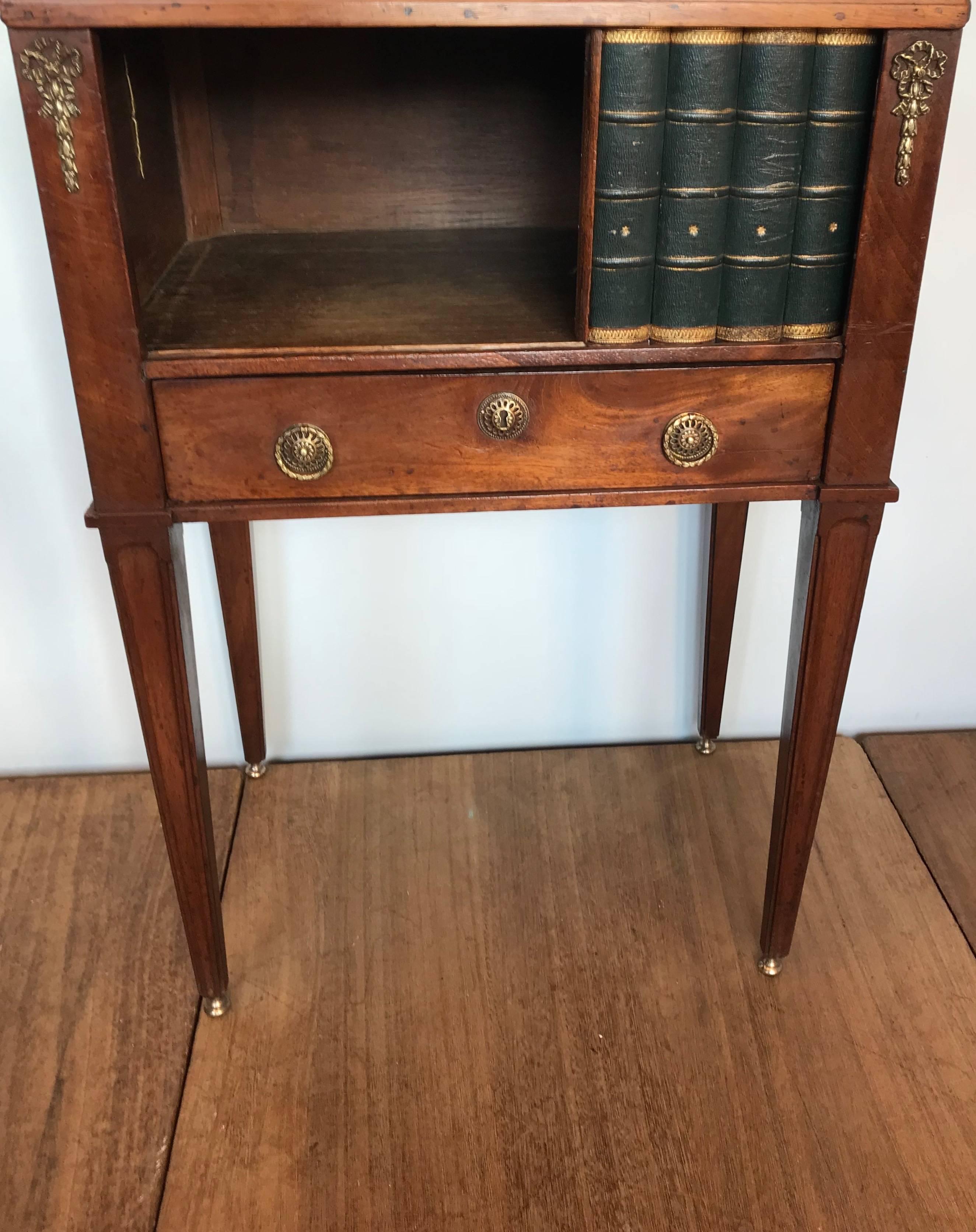 European Empire Style Mahogany End Table with Faux Books Rolling Shutter Door and Drawer