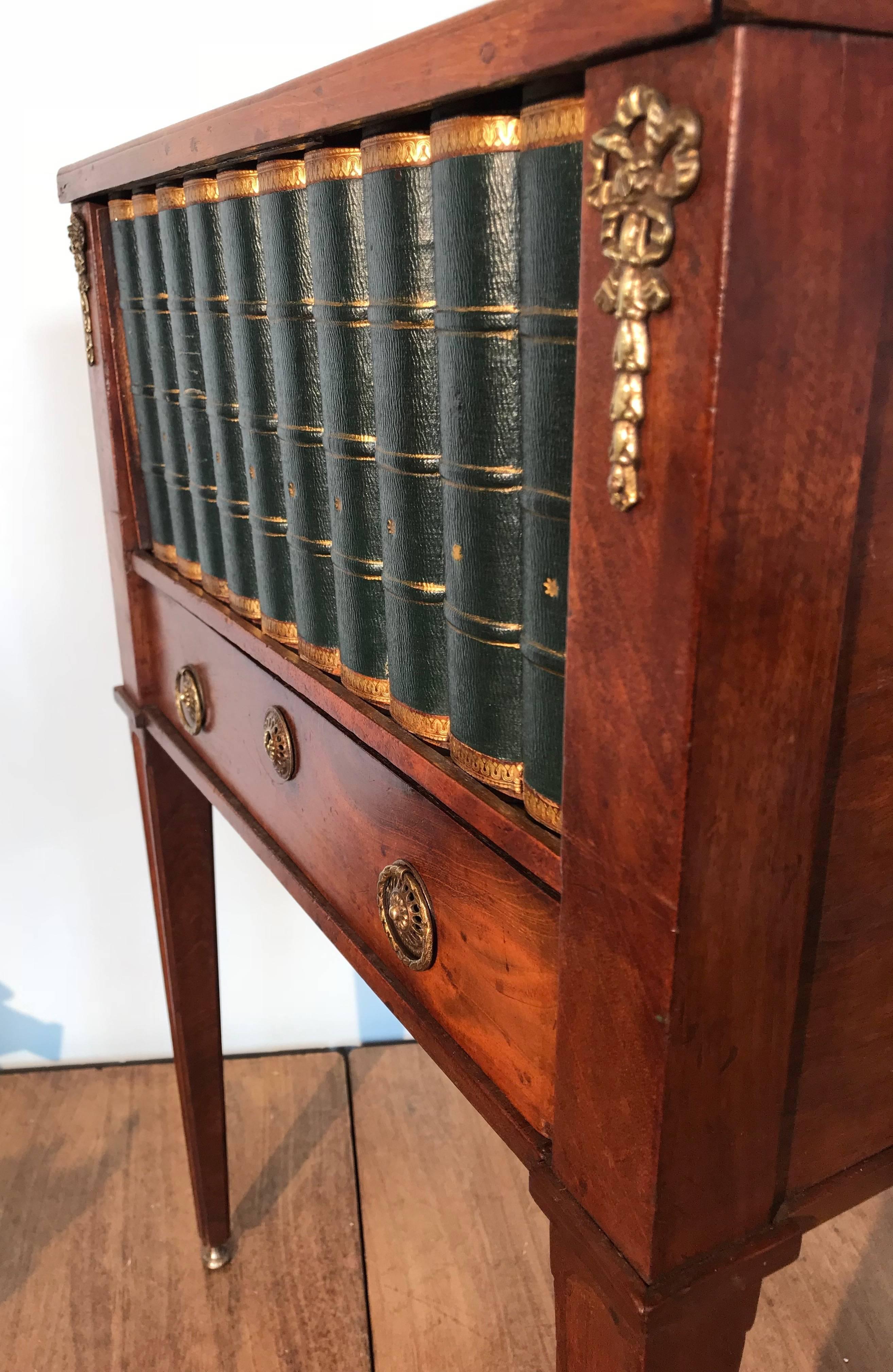 Gilt Empire Style Mahogany End Table with Faux Books Rolling Shutter Door and Drawer