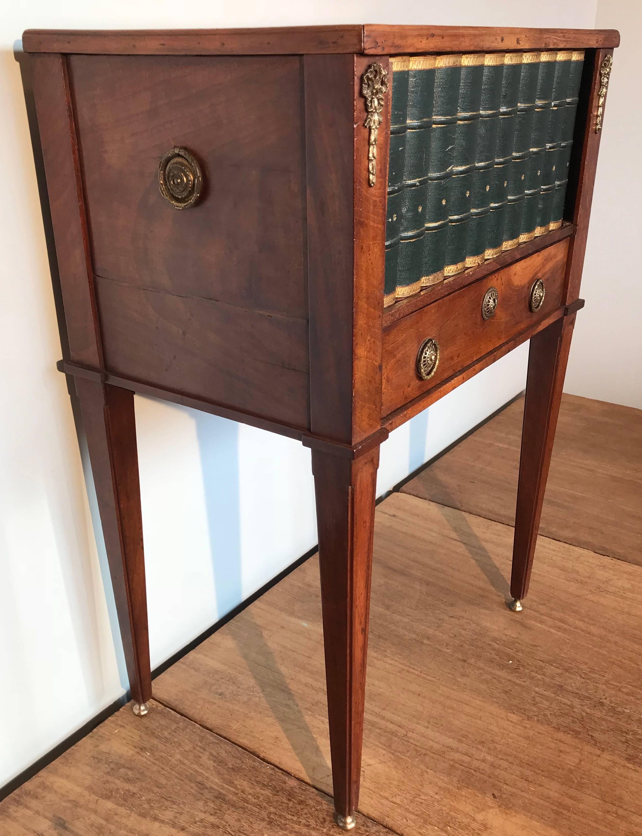 Bronze Empire Style Mahogany End Table with Faux Books Rolling Shutter Door and Drawer