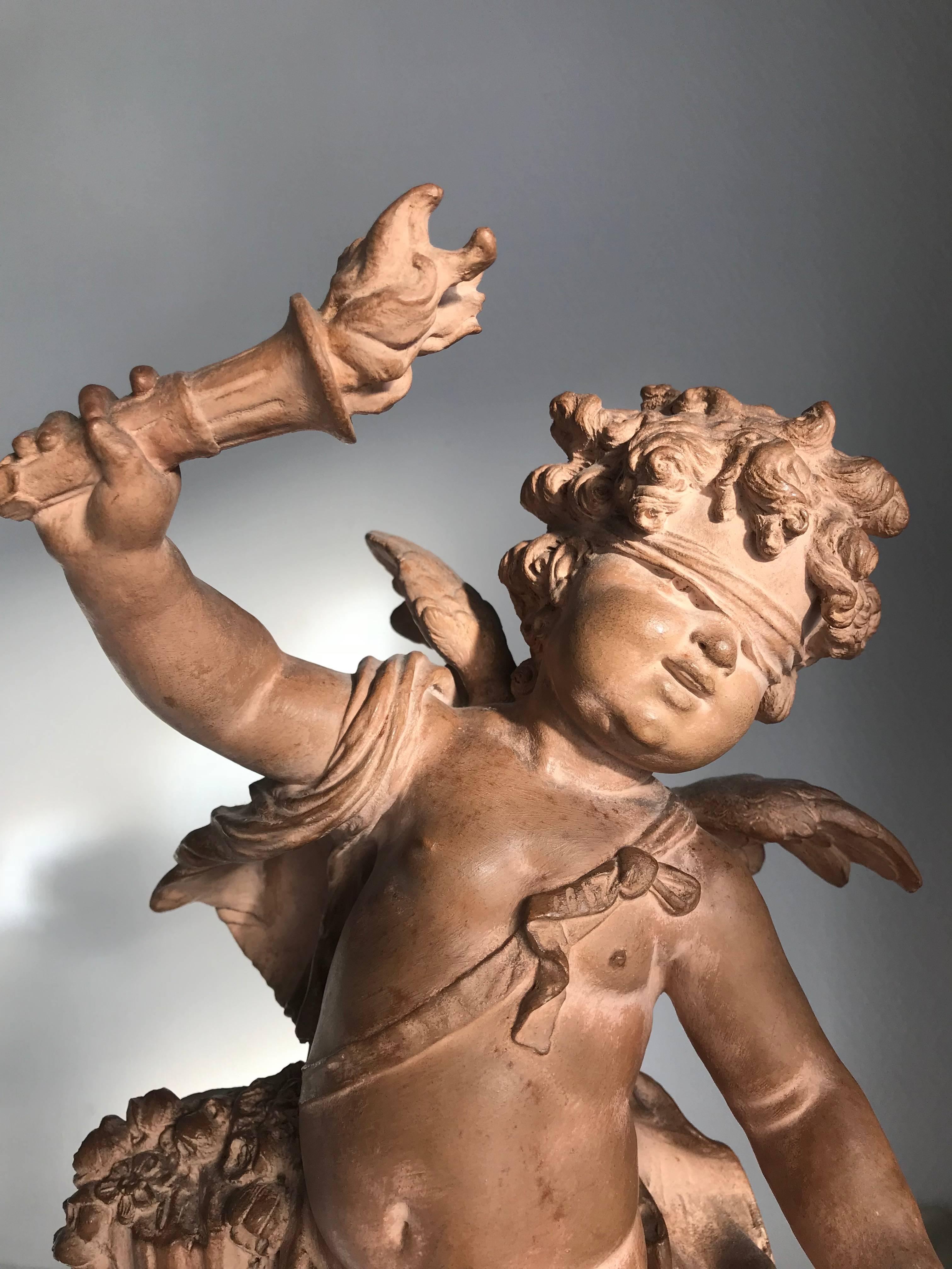 Romantic Fine Quality Terracotta Sculpture Statue Cupid with Torch by Auguste Moreau