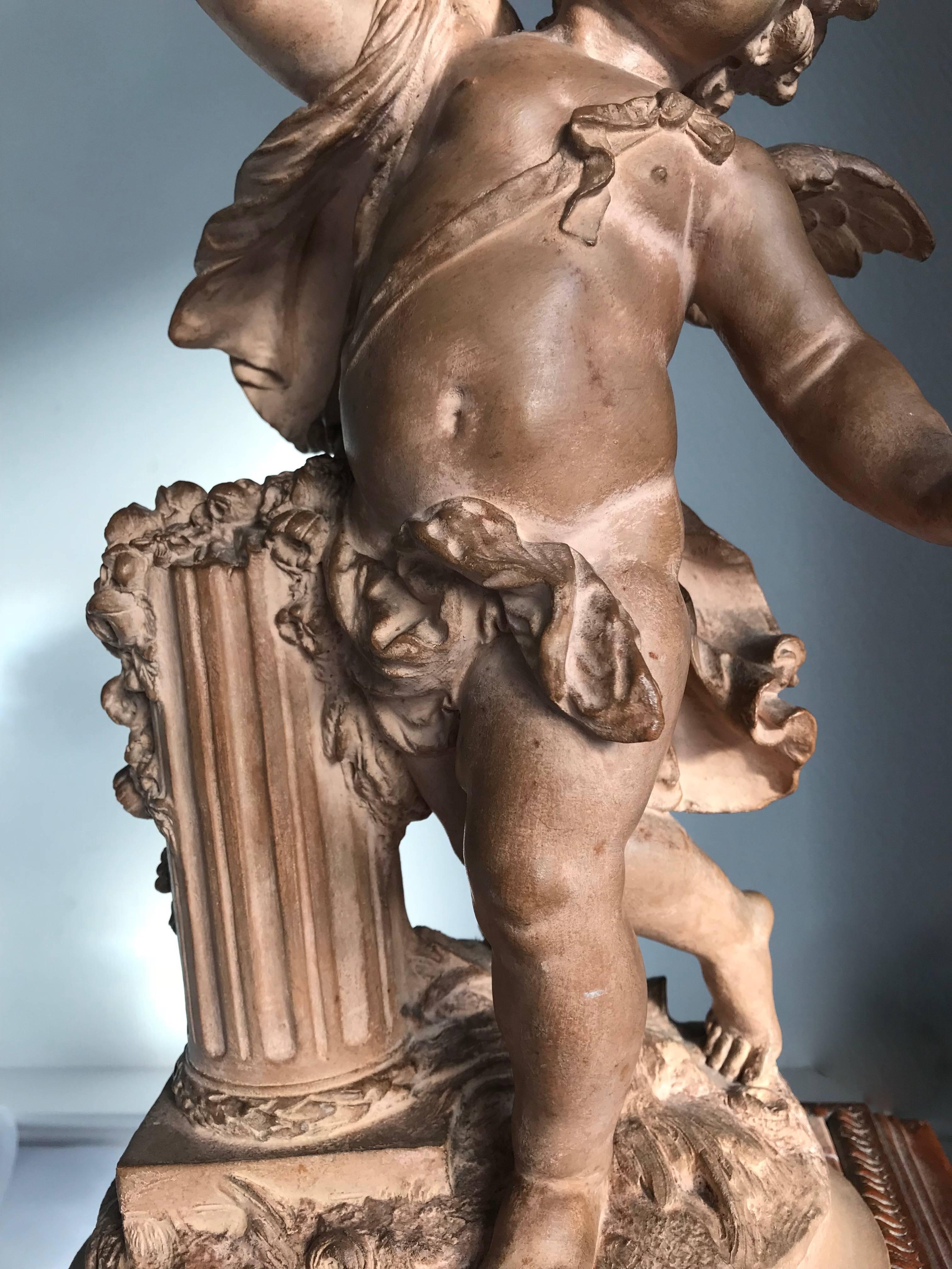 Fine Quality Terracotta Sculpture Statue Cupid with Torch by Auguste Moreau In Good Condition In Lisse, NL