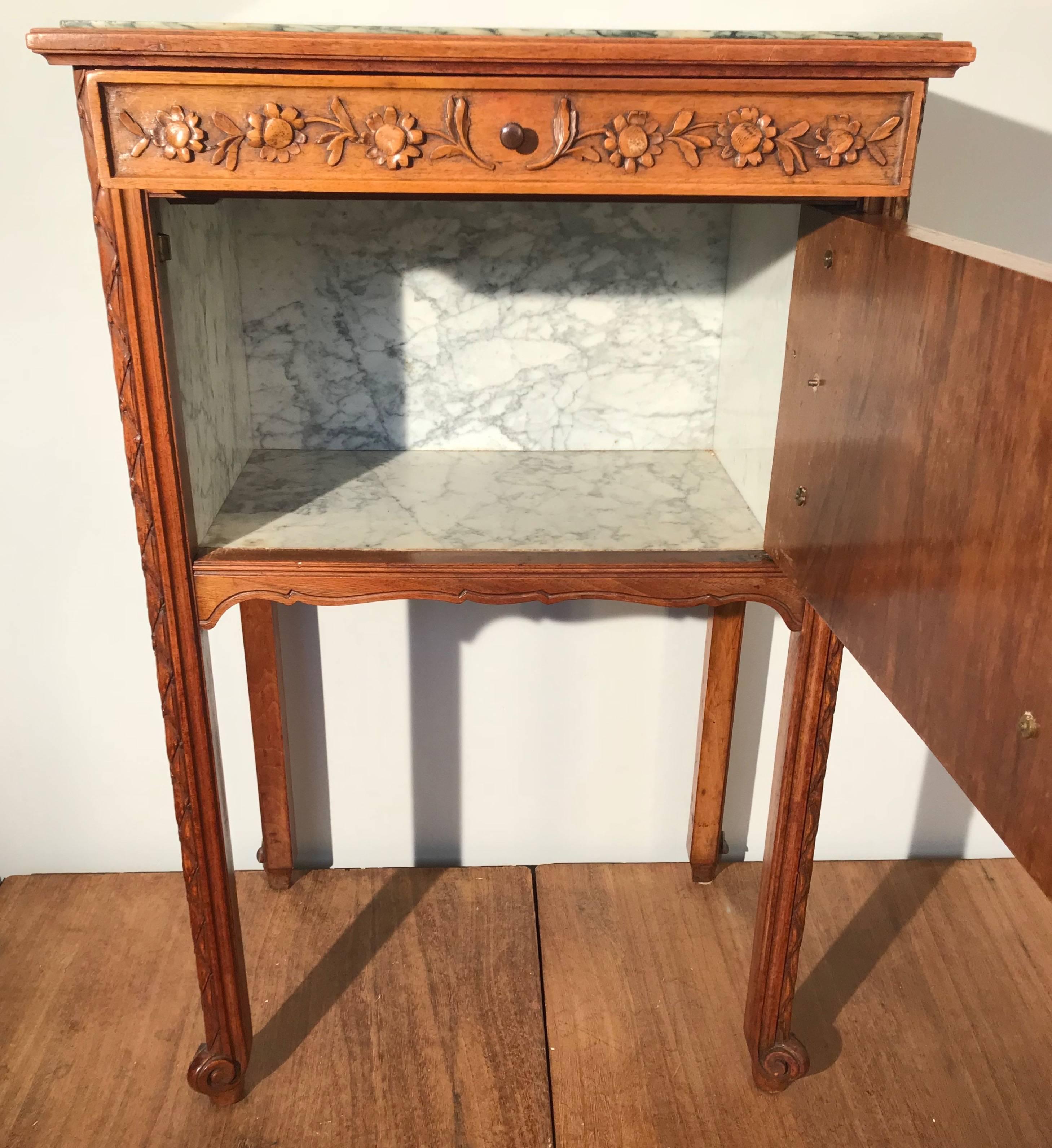 1900s French Hand-Carved Nutwood Side Table / Cabinet with Marble Top & Interior 1