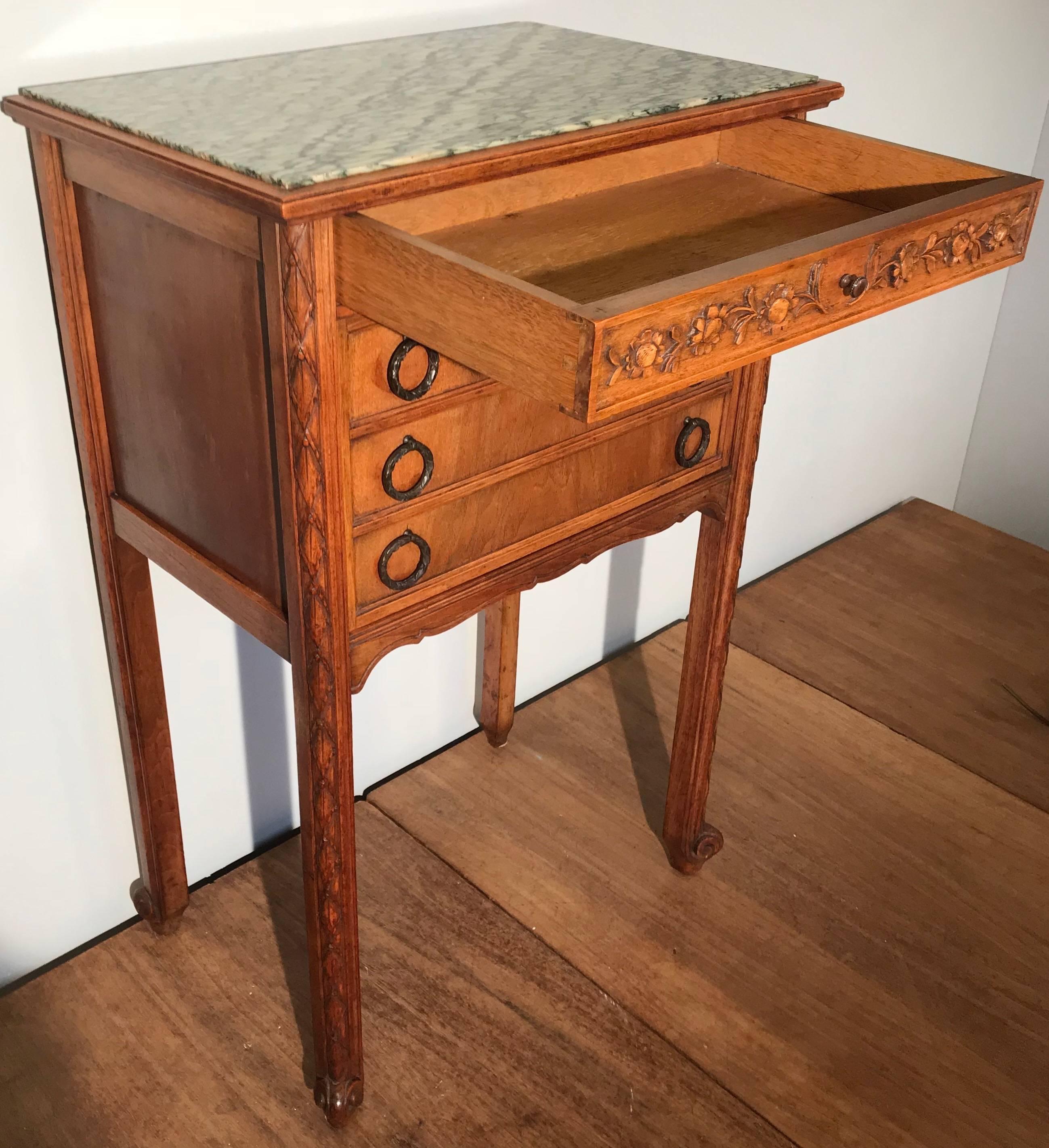 1900s French Hand-Carved Nutwood Side Table / Cabinet with Marble Top & Interior 2