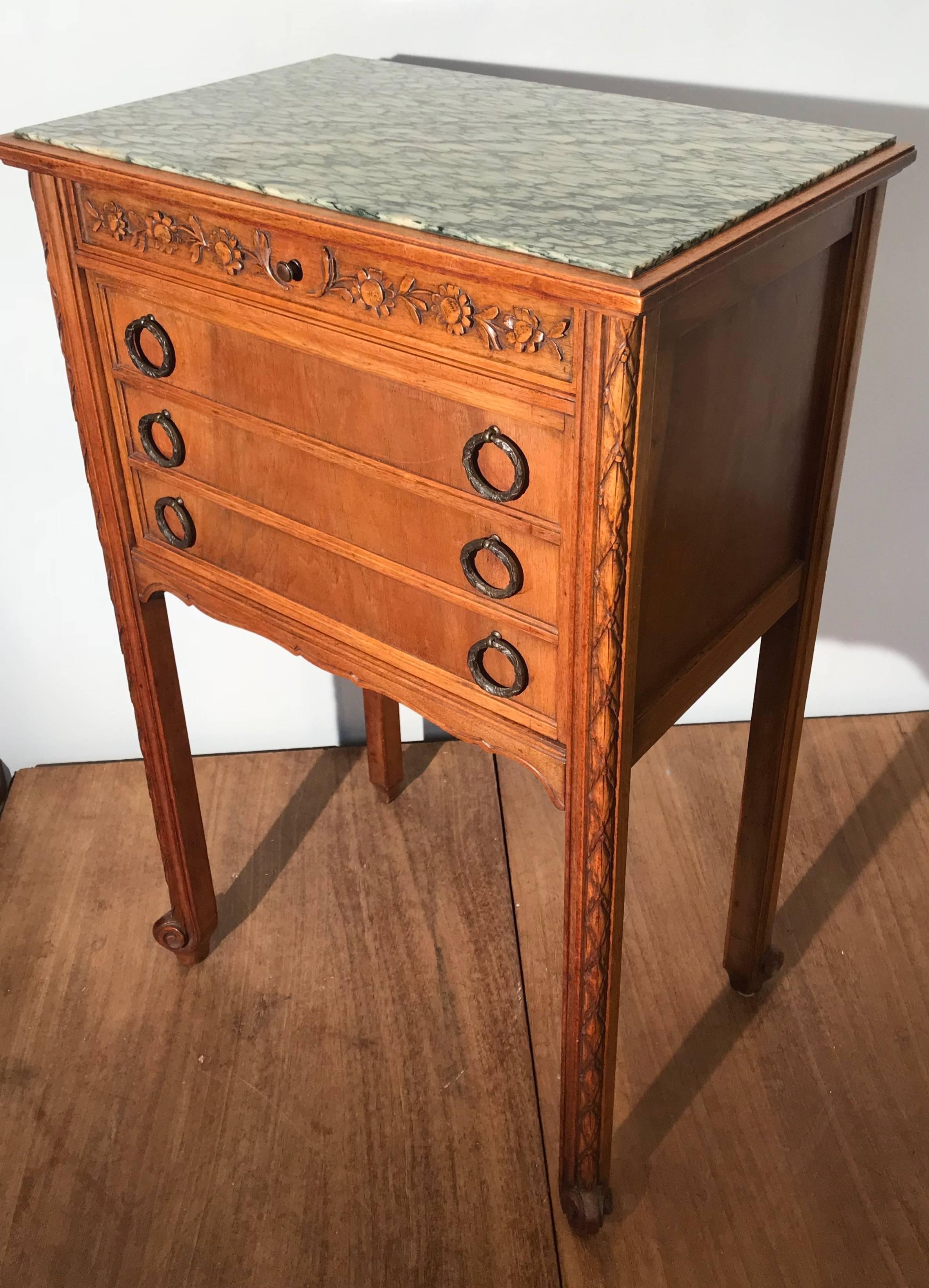 1900s French Hand-Carved Nutwood Side Table / Cabinet with Marble Top & Interior 3