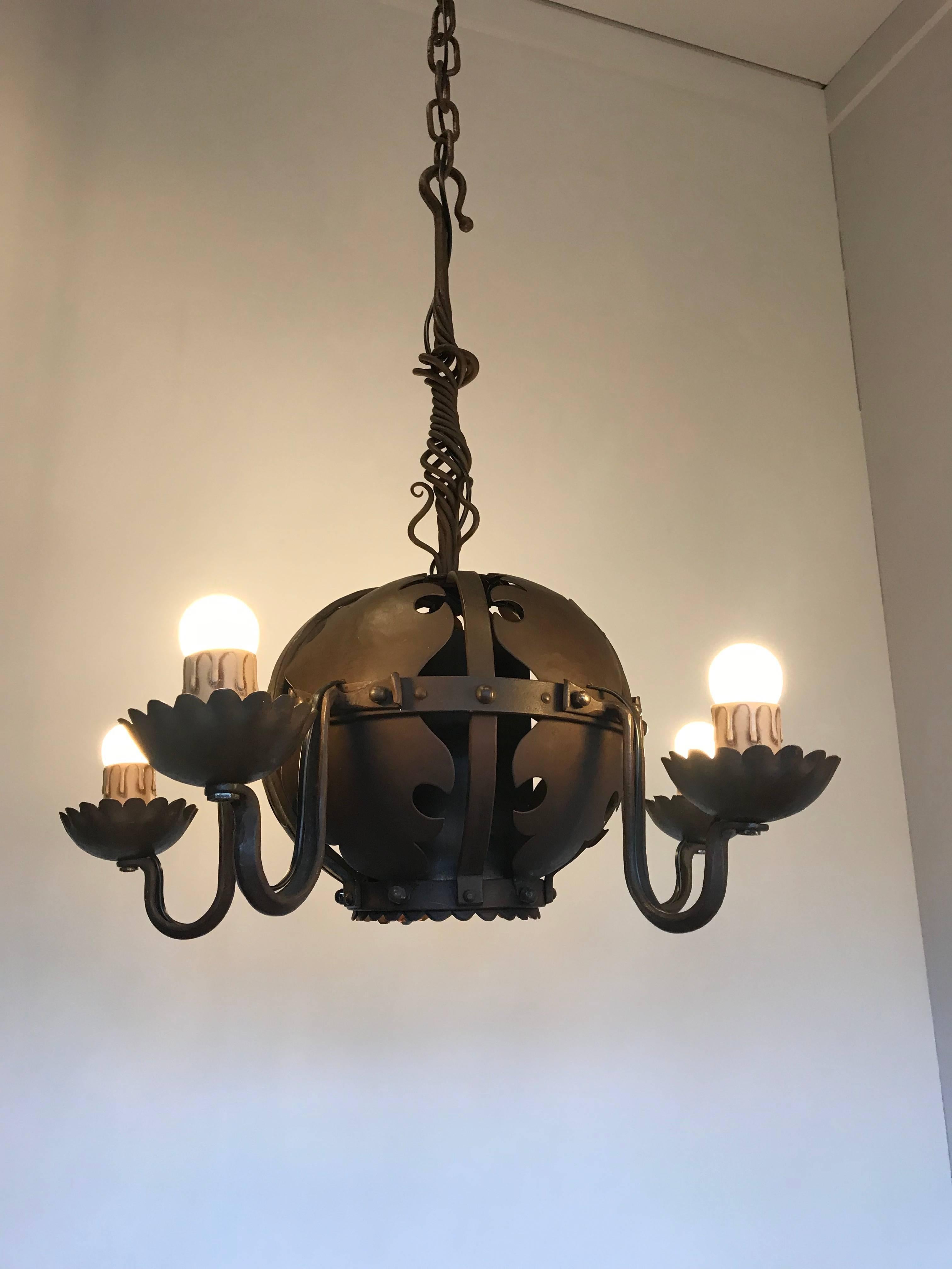 Arts and Crafts Unique & Hand-Forged Arts & Crafts Wrought Iron Pendant Light, circa 1910 For Sale