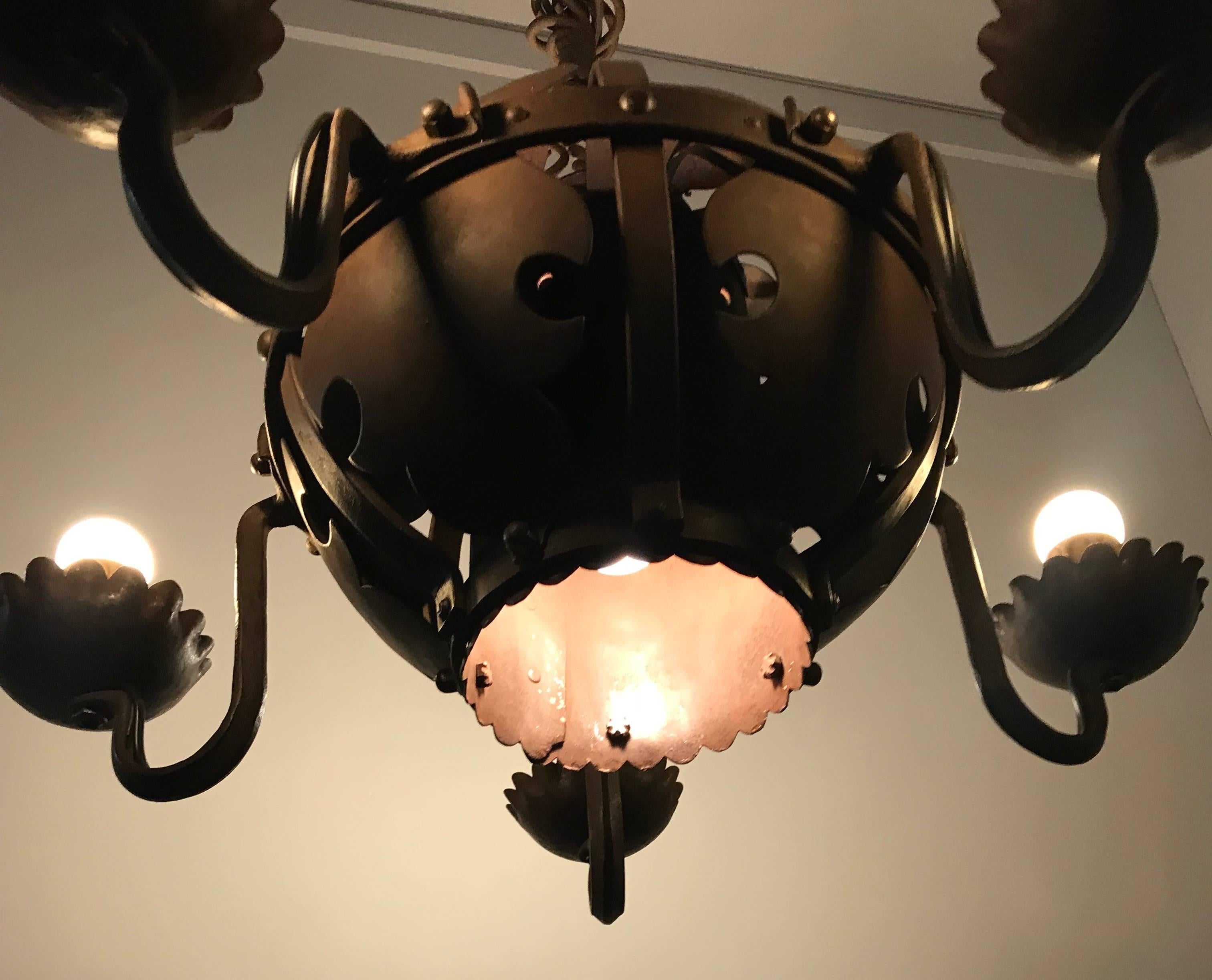 European Unique & Hand-Forged Arts & Crafts Wrought Iron Pendant Light, circa 1910 For Sale