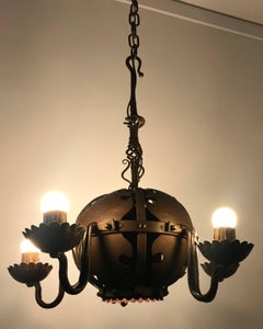 Unique & Hand-Forged Arts & Crafts Wrought Iron Pendant Light, circa 1910