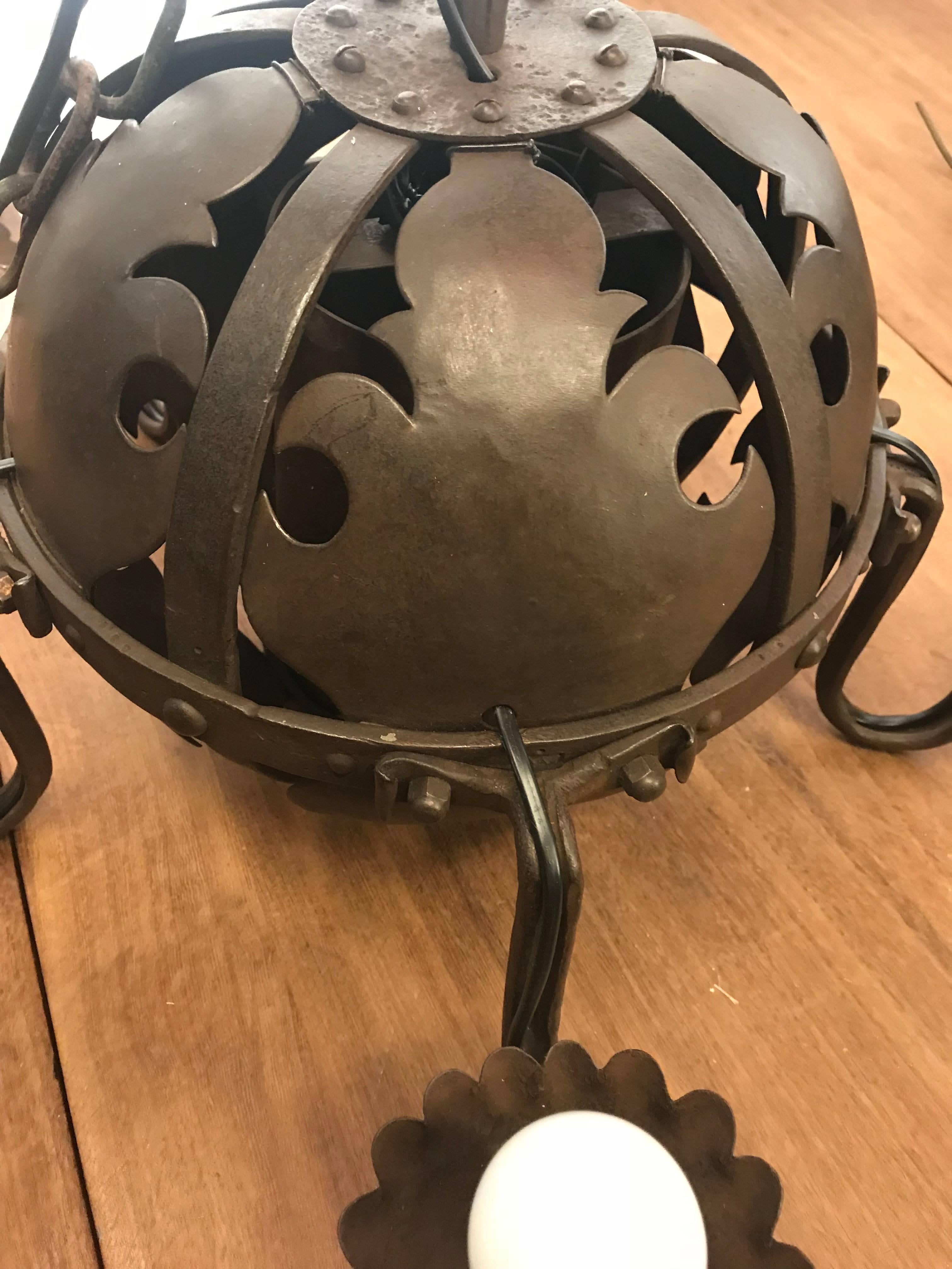 Unique & Hand-Forged Arts & Crafts Wrought Iron Pendant Light, circa 1910 For Sale 3