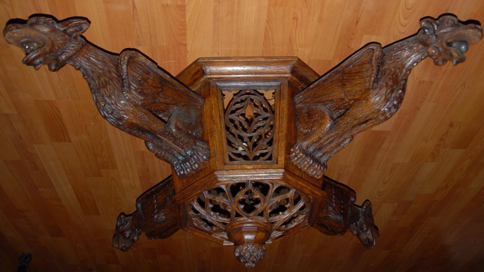French Enormous Hand-Carved Gothic Revival Art, Four Gargoyles Ceiling Light Fixture