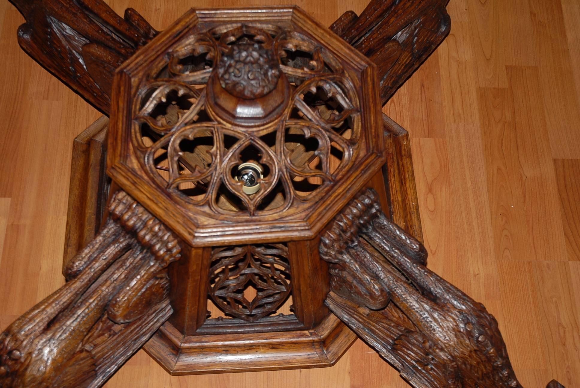 19th Century Enormous Hand-Carved Gothic Revival Art, Four Gargoyles Ceiling Light Fixture