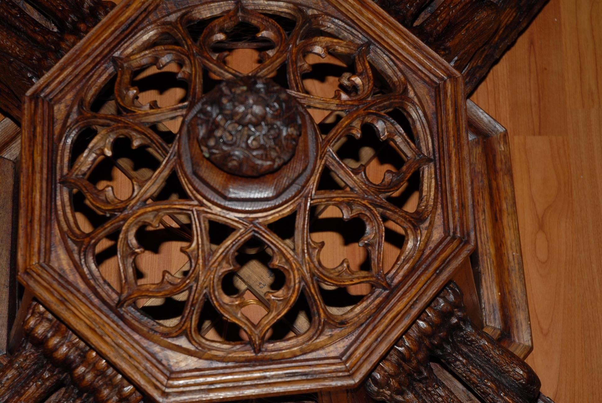 Oak Enormous Hand-Carved Gothic Revival Art, Four Gargoyles Ceiling Light Fixture