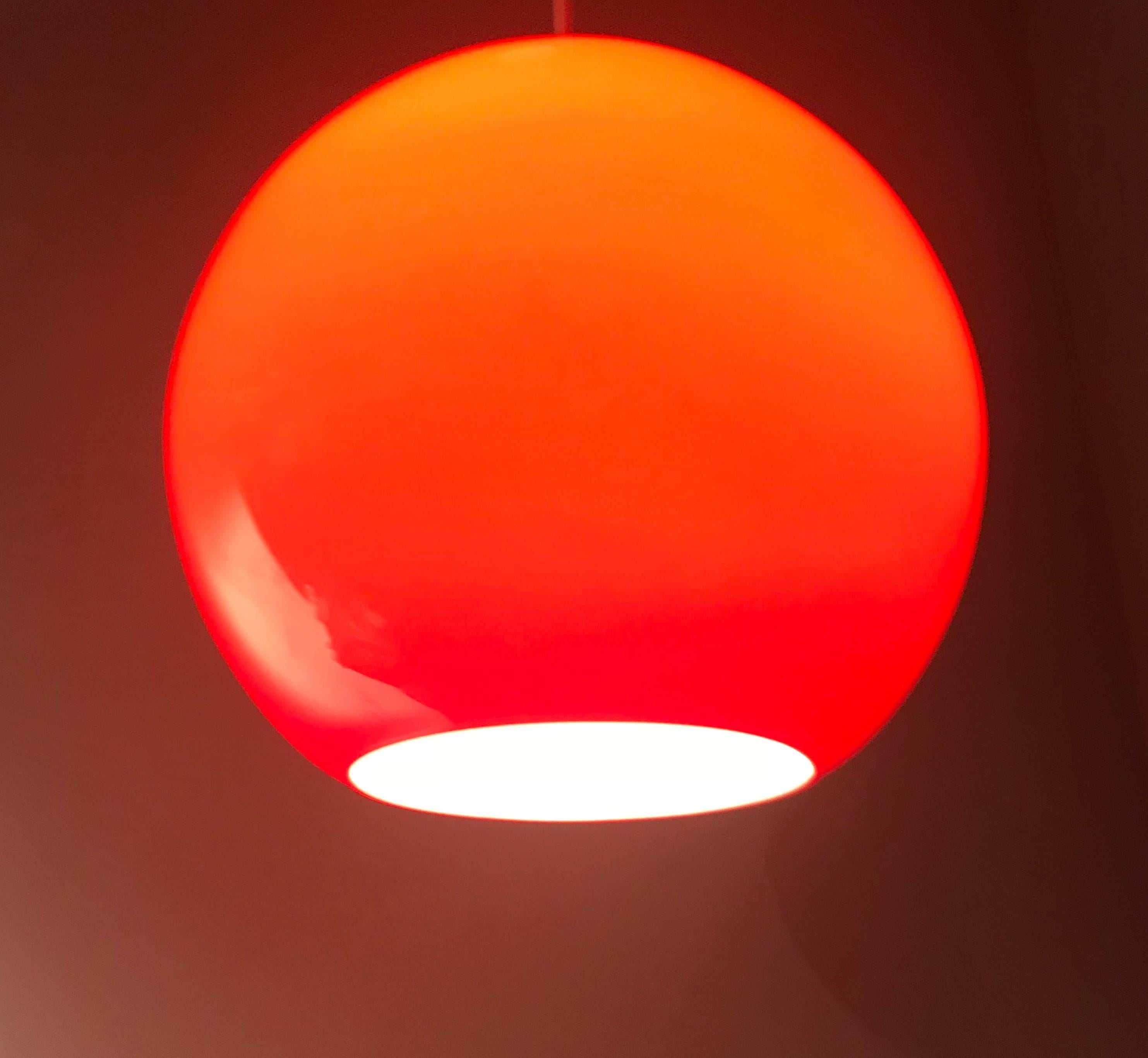 Modern Midcentury 1960s Candy Red Murano Opaline Glass Globe Pendant Light by Vistosi