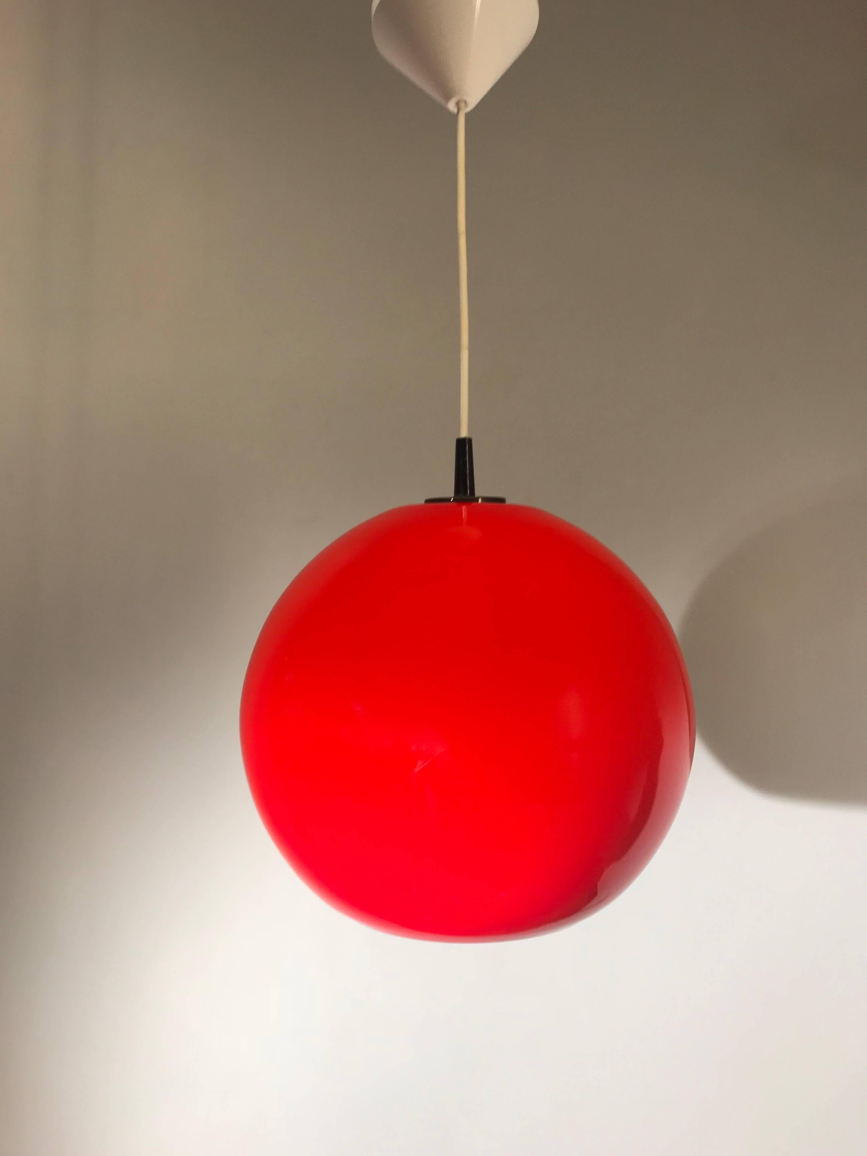 Italian Midcentury 1960s Candy Red Murano Opaline Glass Globe Pendant Light by Vistosi