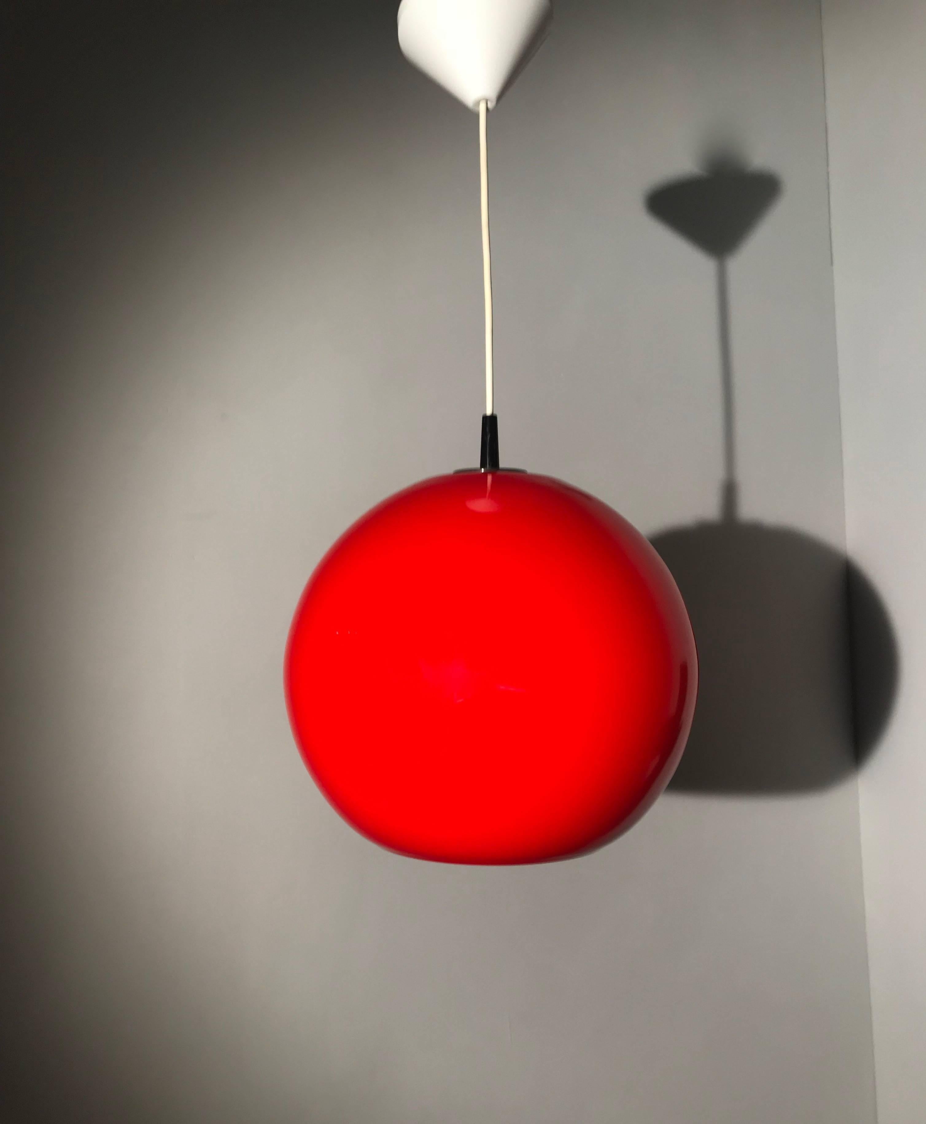 Midcentury 1960s Candy Red Murano Opaline Glass Globe Pendant Light by Vistosi 1