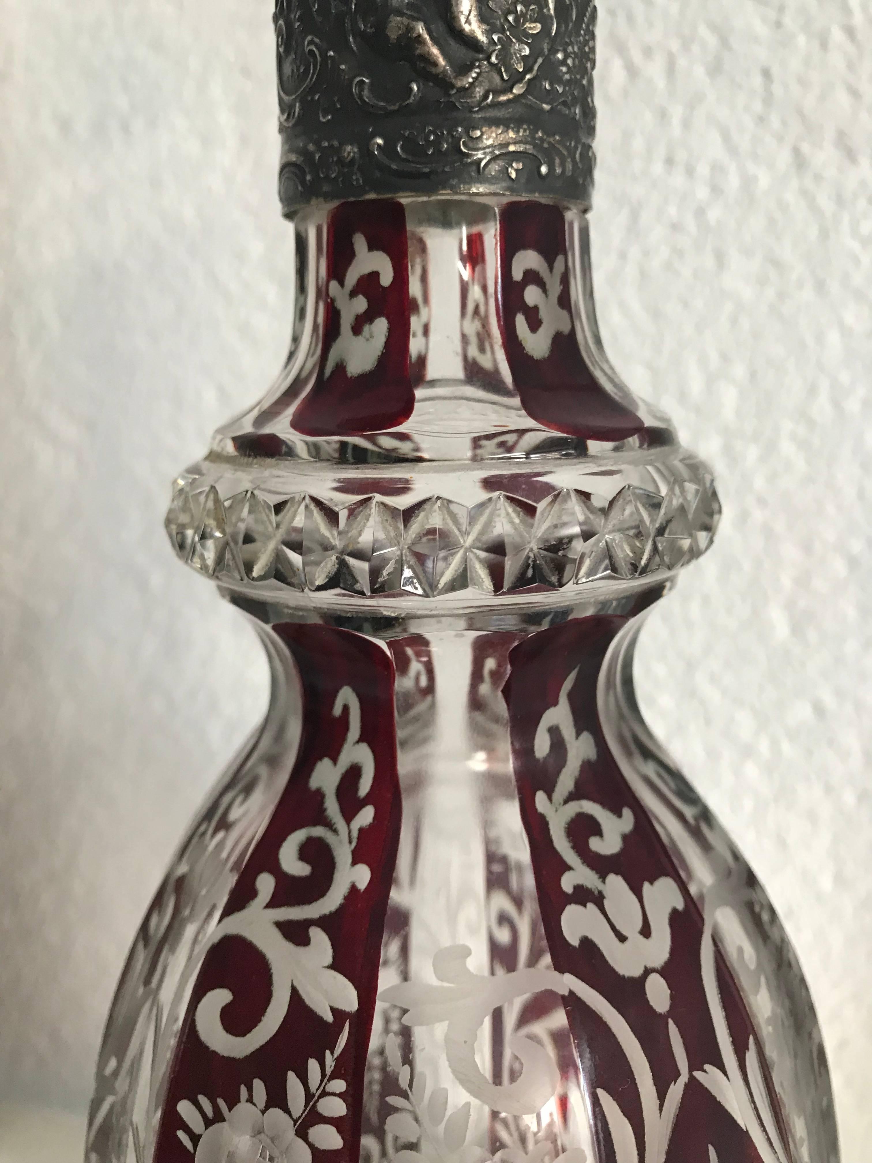 19th Century Hand-Crafted, Colored and Cut-Glass Crystal Decanter with 800 Silver Stopper For Sale