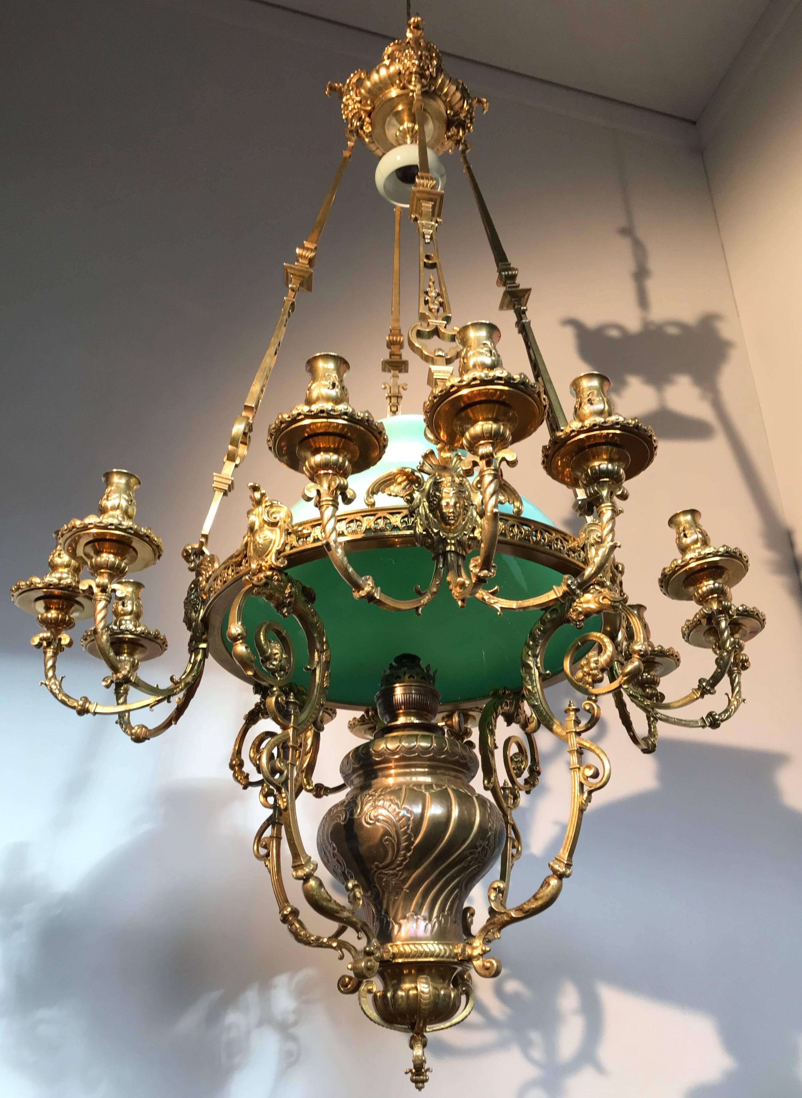 French Monumental Large Neo Classical Gilt Bronze Sculptured Oil Lamp Chandelier  For Sale