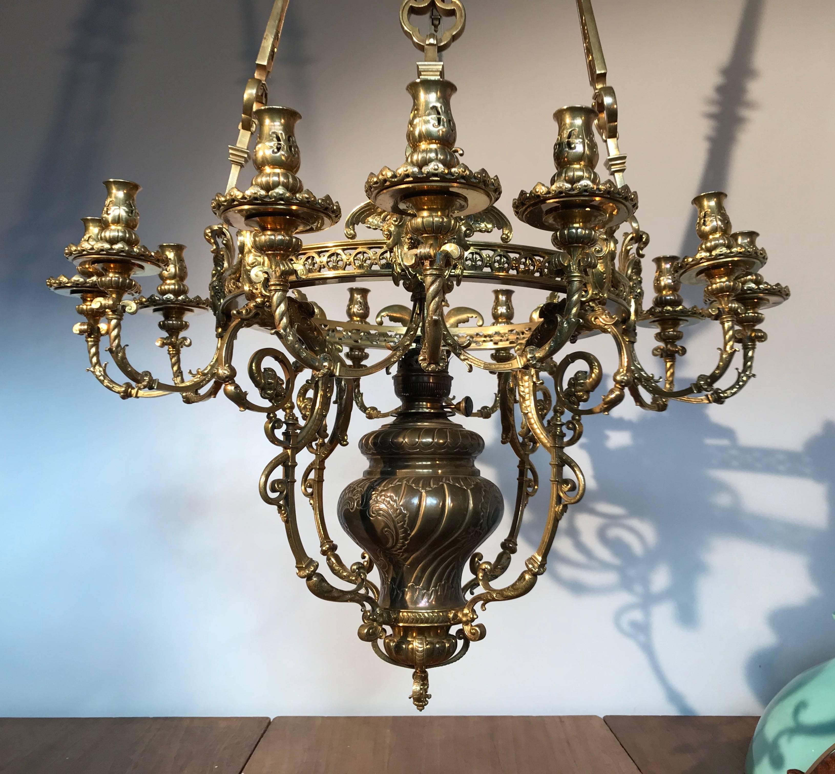 Monumental Large Neo Classical Gilt Bronze Sculptured Oil Lamp Chandelier  For Sale 2