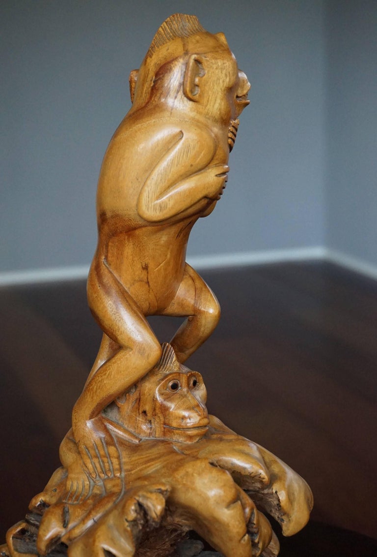 HandCarved Wooden Midcentury Two Monkey Sculpture Out of Tropical Tree