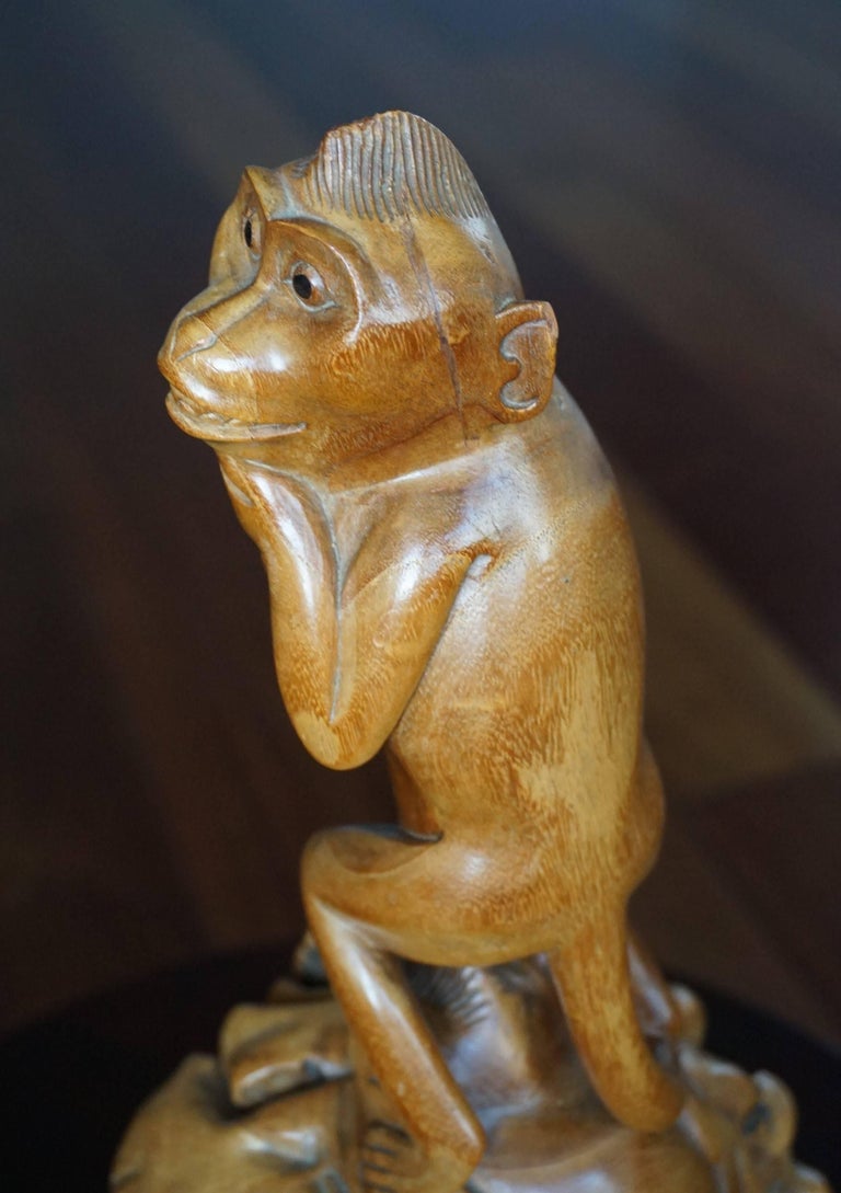 HandCarved Wooden Midcentury Two Monkey Sculpture Out of Tropical Tree