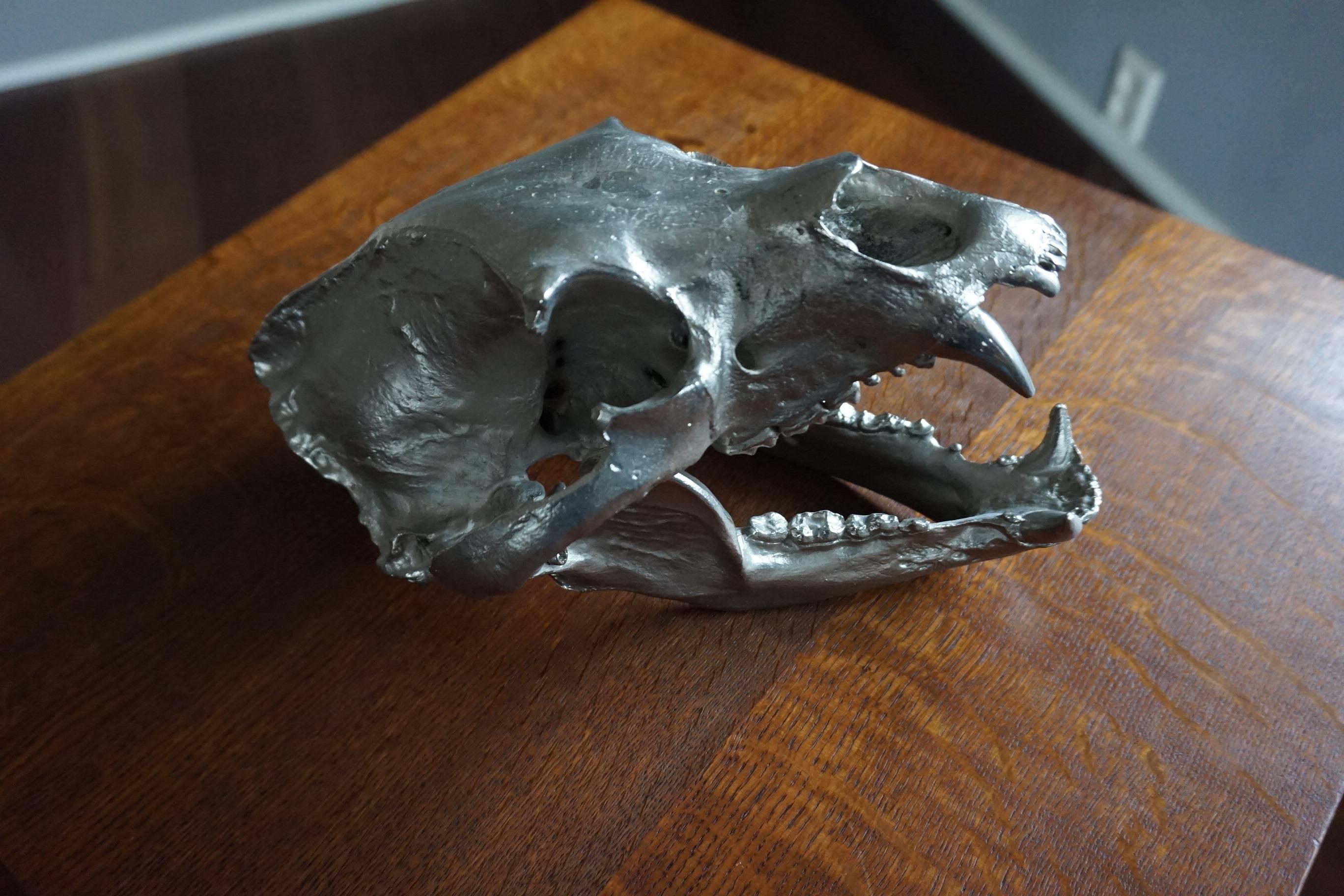 Impressive and Decorative, Chrome Painted Modern Bronze Bear Skull Sculpture In Excellent Condition In Lisse, NL