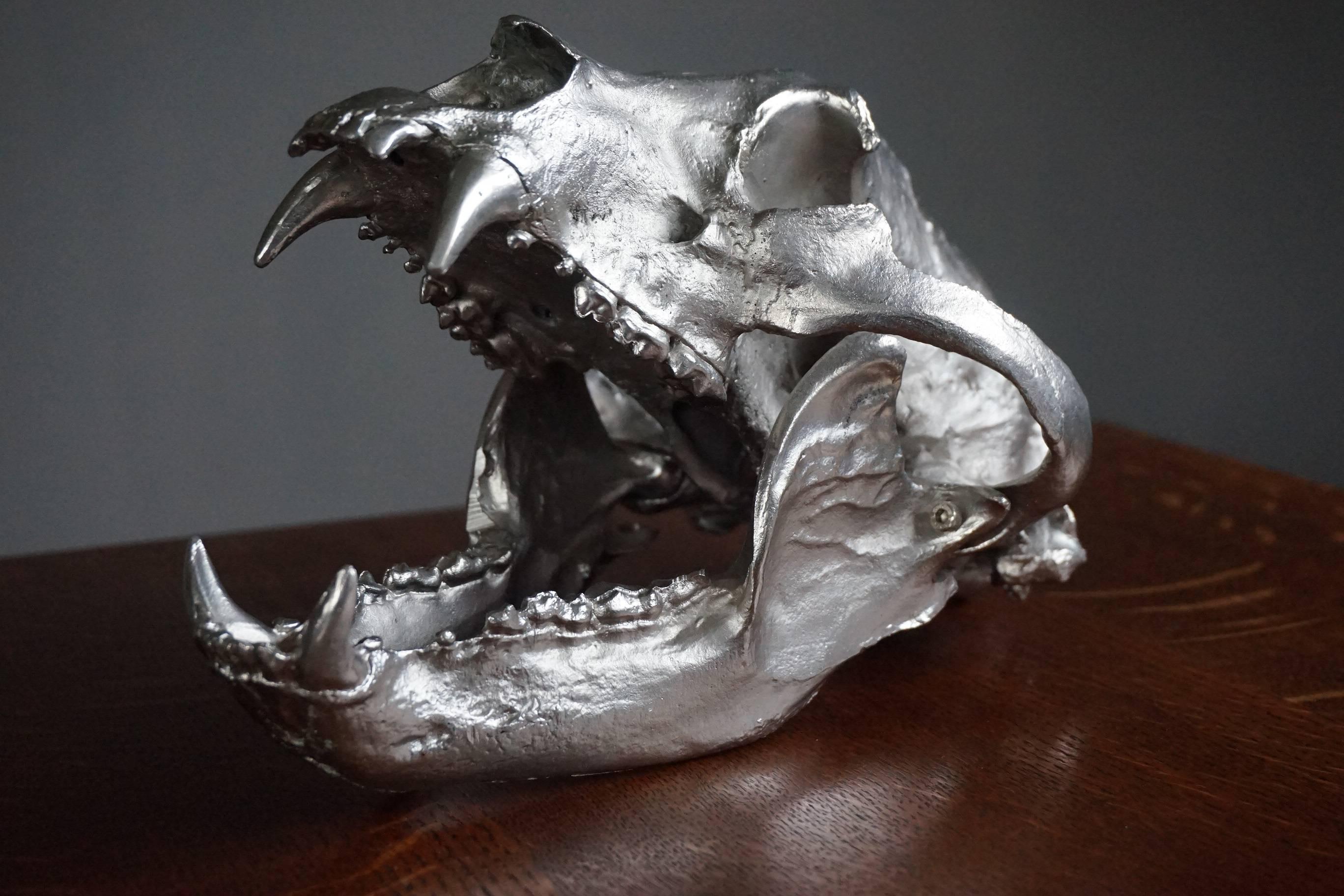 Contemporary Impressive and Decorative, Chrome Painted Modern Bronze Bear Skull Sculpture