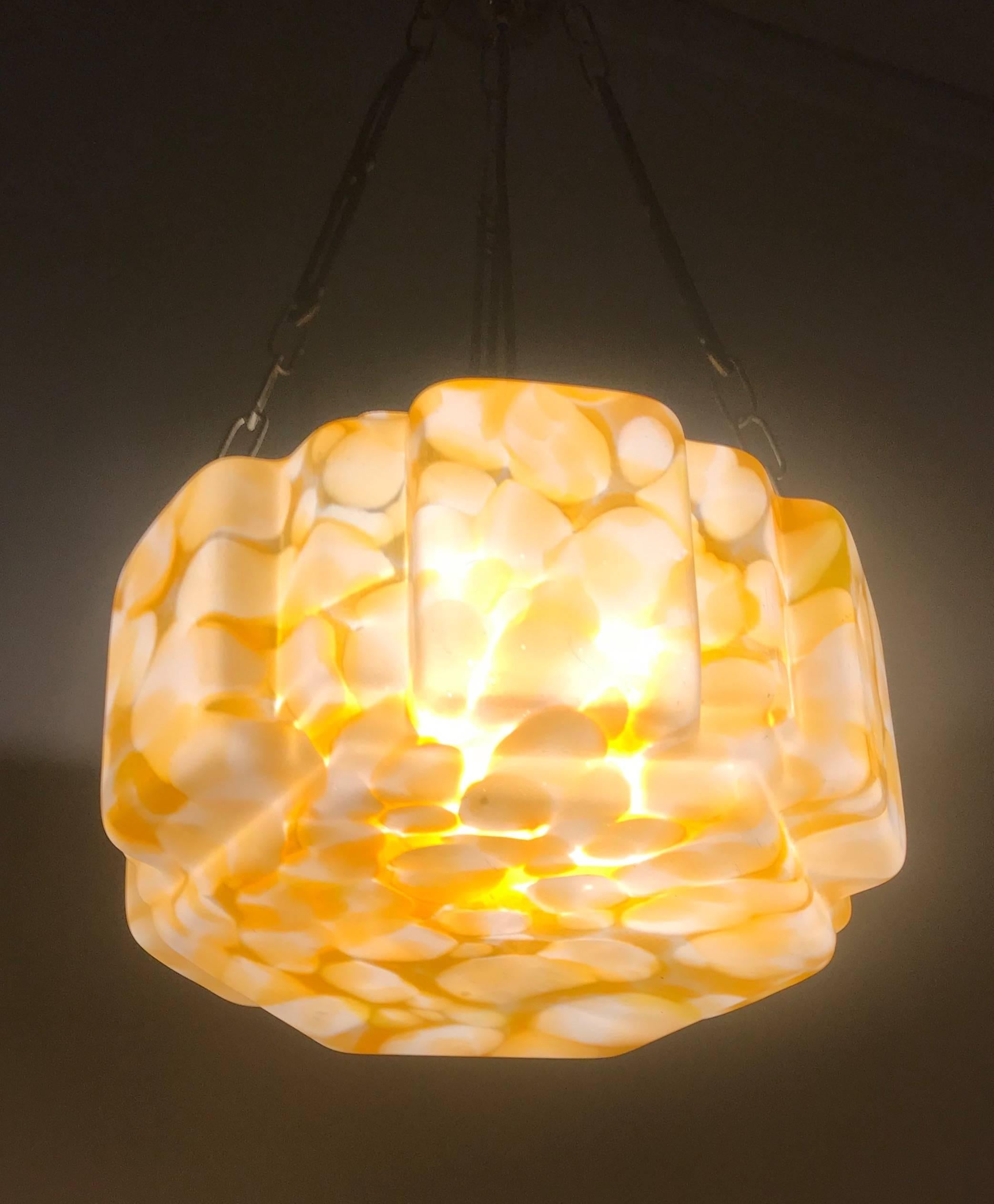 Hand-Crafted Good Size Art Deco Marbled Glass Pendant Light Fixture, Rare Cubical Shape For Sale