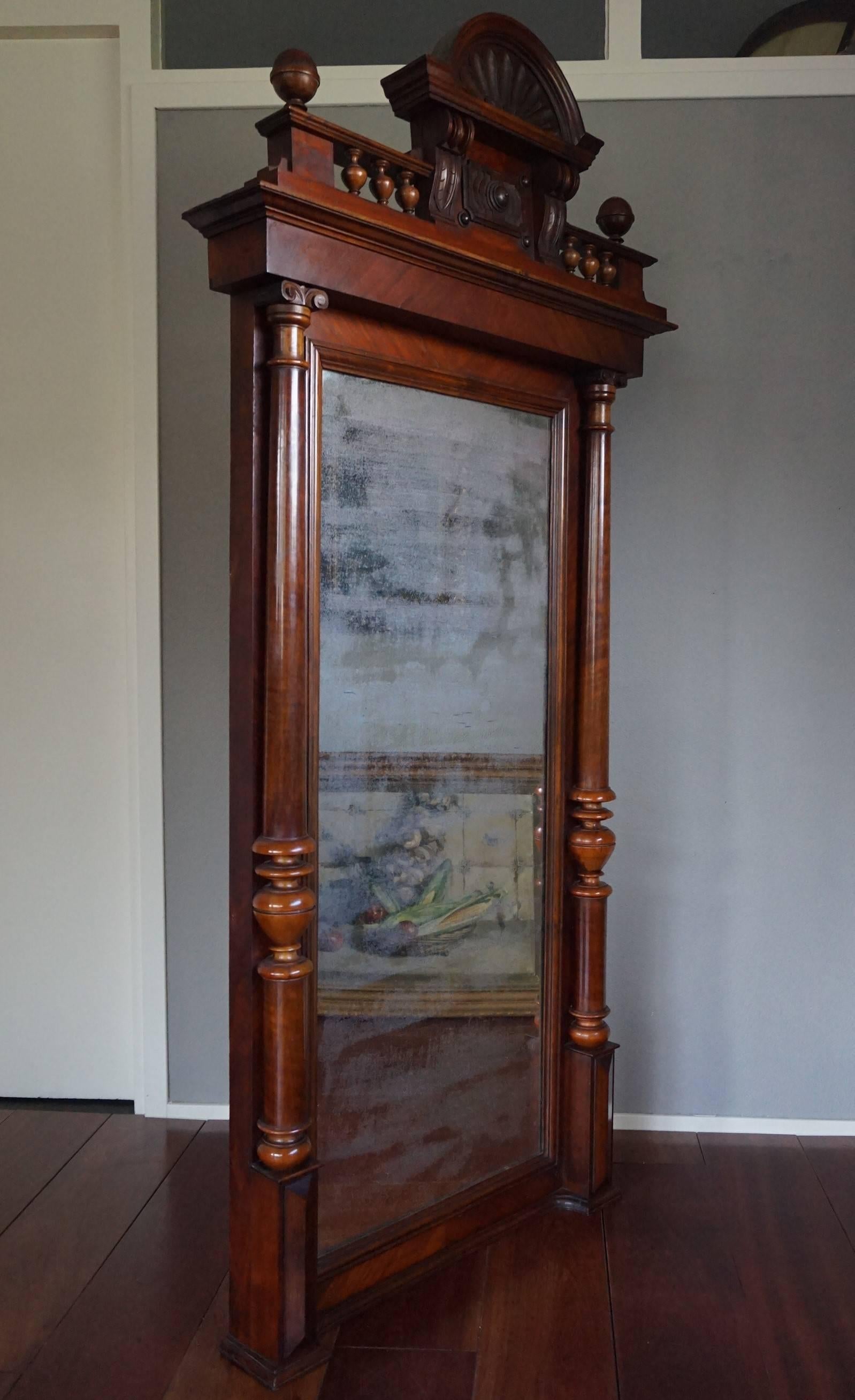 Hand-Carved Sizeable Antique 19th Century Distressed Mirror in Original Mahogany Frame