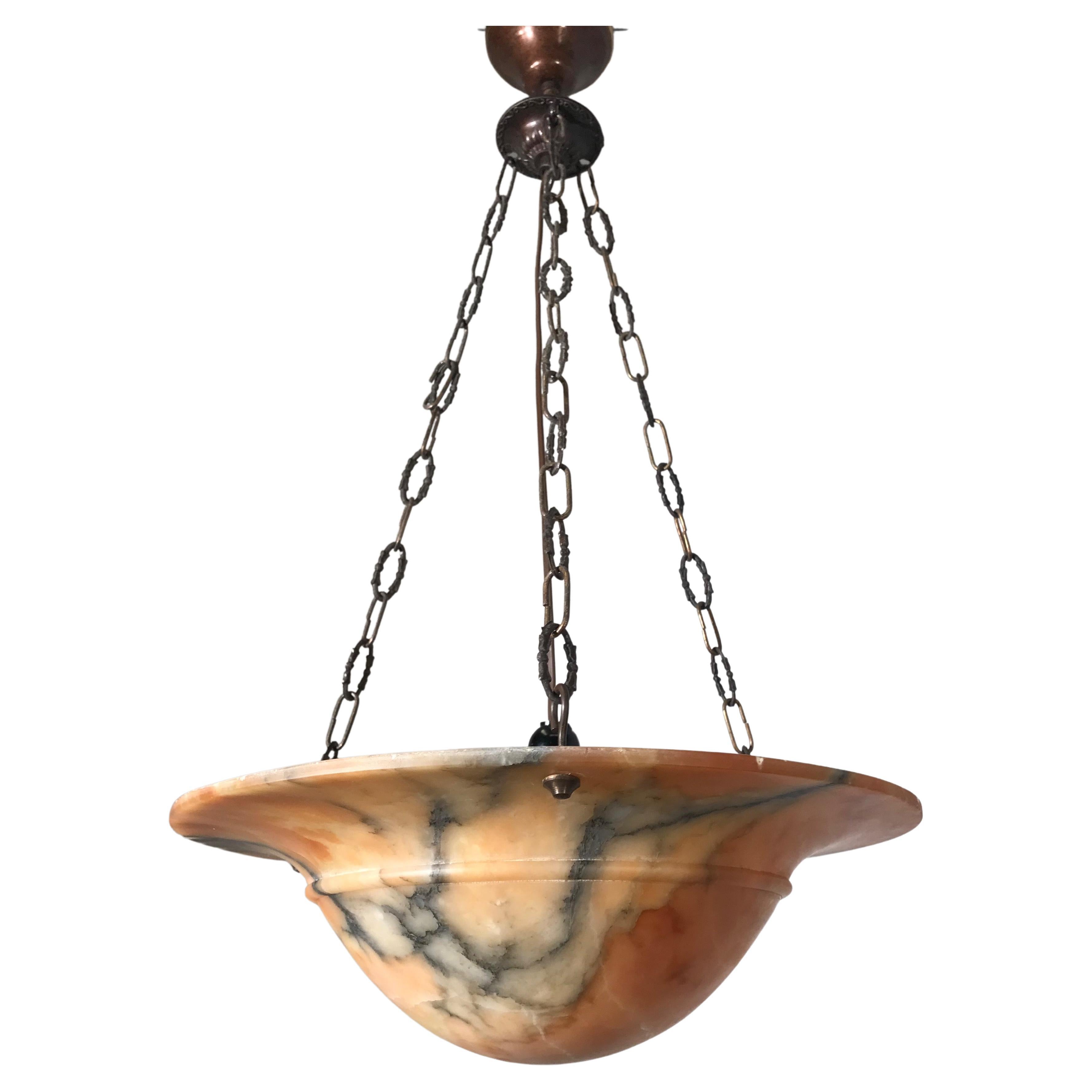 Magnifique lampe à suspension Art déco ancien en albâtre avec chaîne