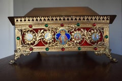 Gothic Revival Gilt Brass Bible Stand Inlaid with Cloisonné Cartouche of Christ