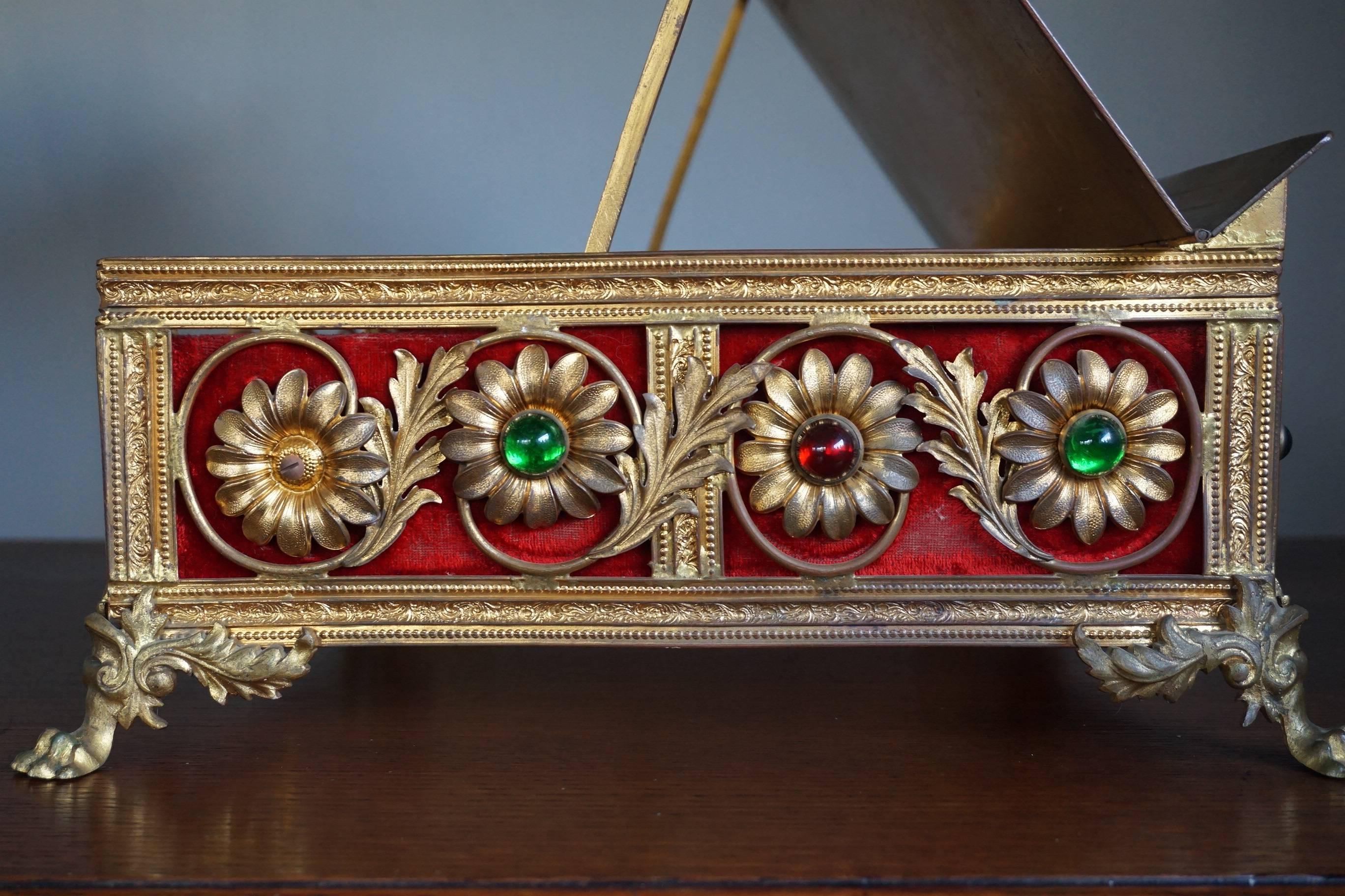 19th Century Gothic Revival Gilt Brass Bible Stand Inlaid with Cloisonné Cartouche of Christ