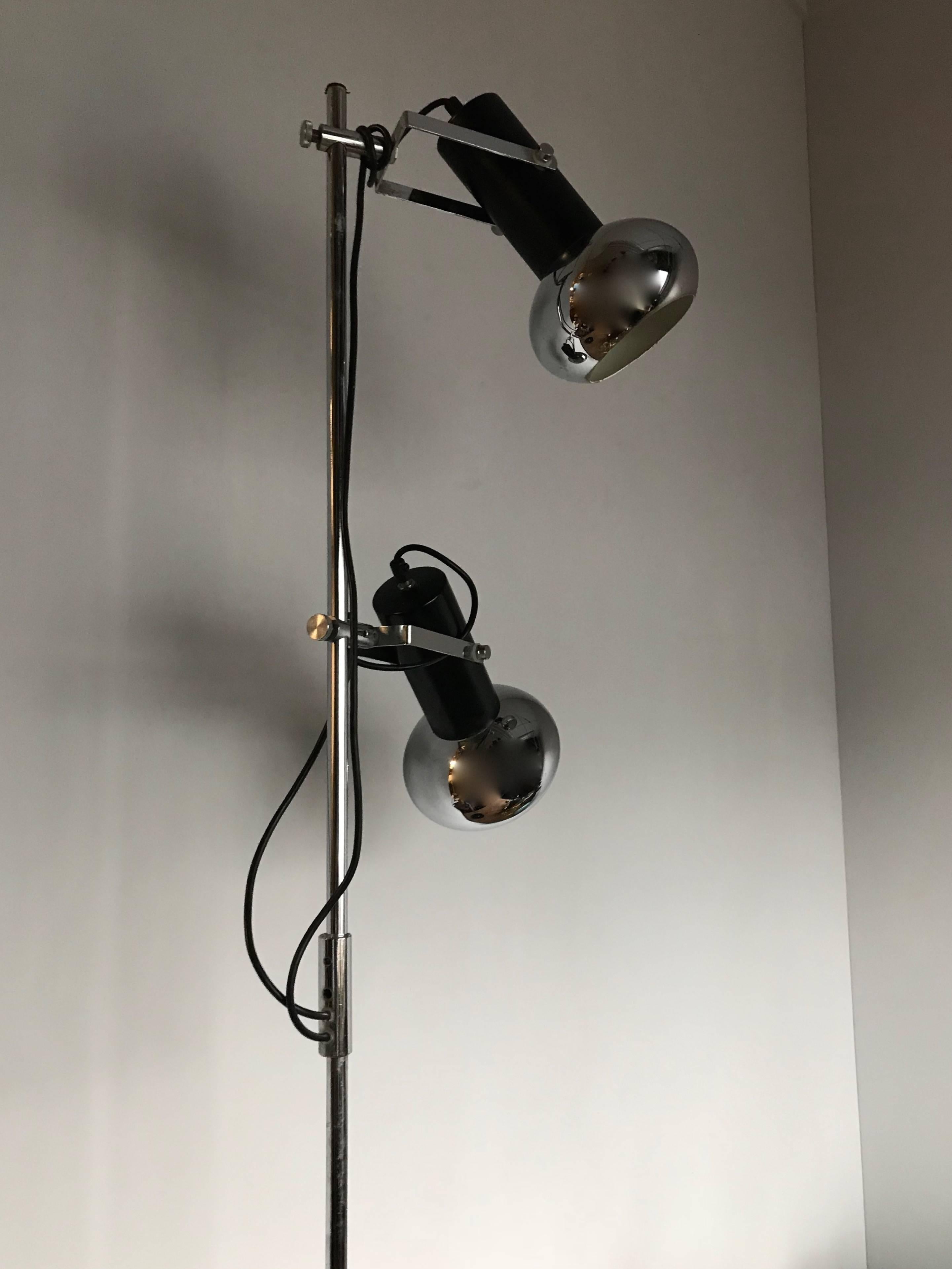 Steel Vintage, Midcentury Design Double Spotlight Chrome and Black Painted Floor Lamp