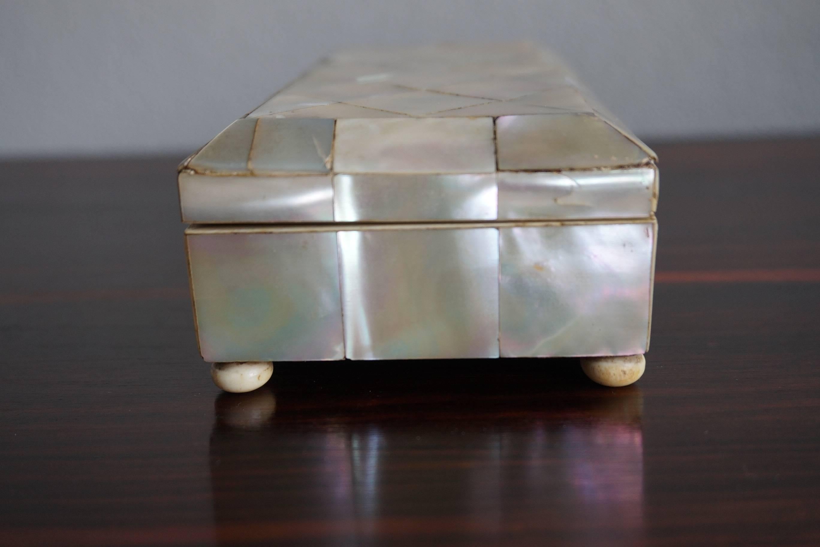 19th Century Mother-of-Pearl Spoon or Jewelry Box, Bone Lining and Silver Hinges 3