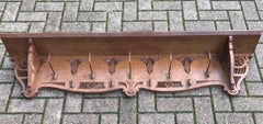 Rare & Large Arts & Crafts Hand-Carved Solid Oak and Brass Hooks Wall Coat Rack