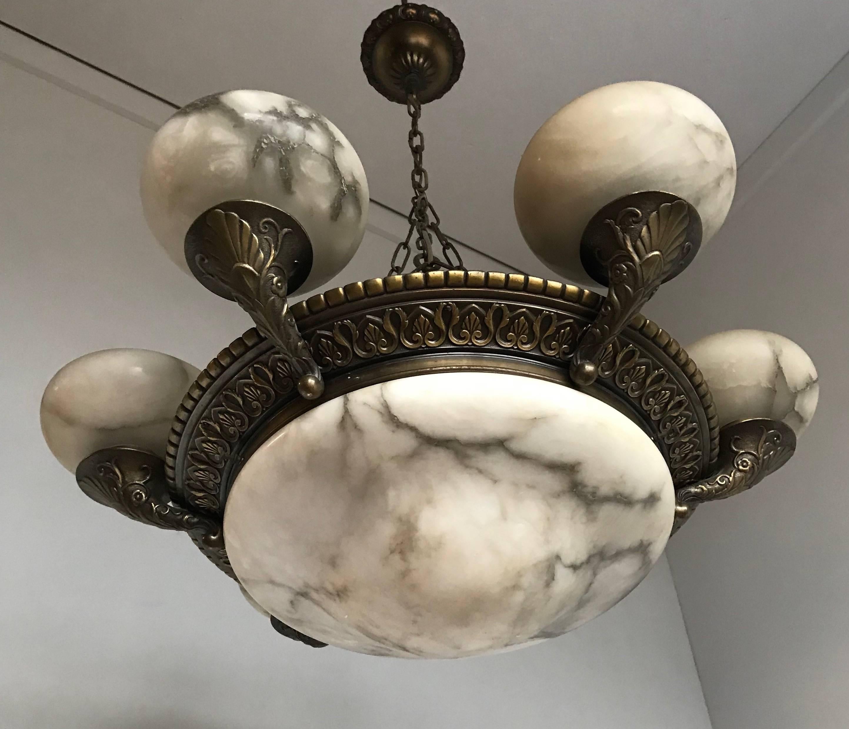 Neoclassical Revival Museum Quality Neo Classical Alabaster & Bronze Chandelier, Pendant Fixture For Sale