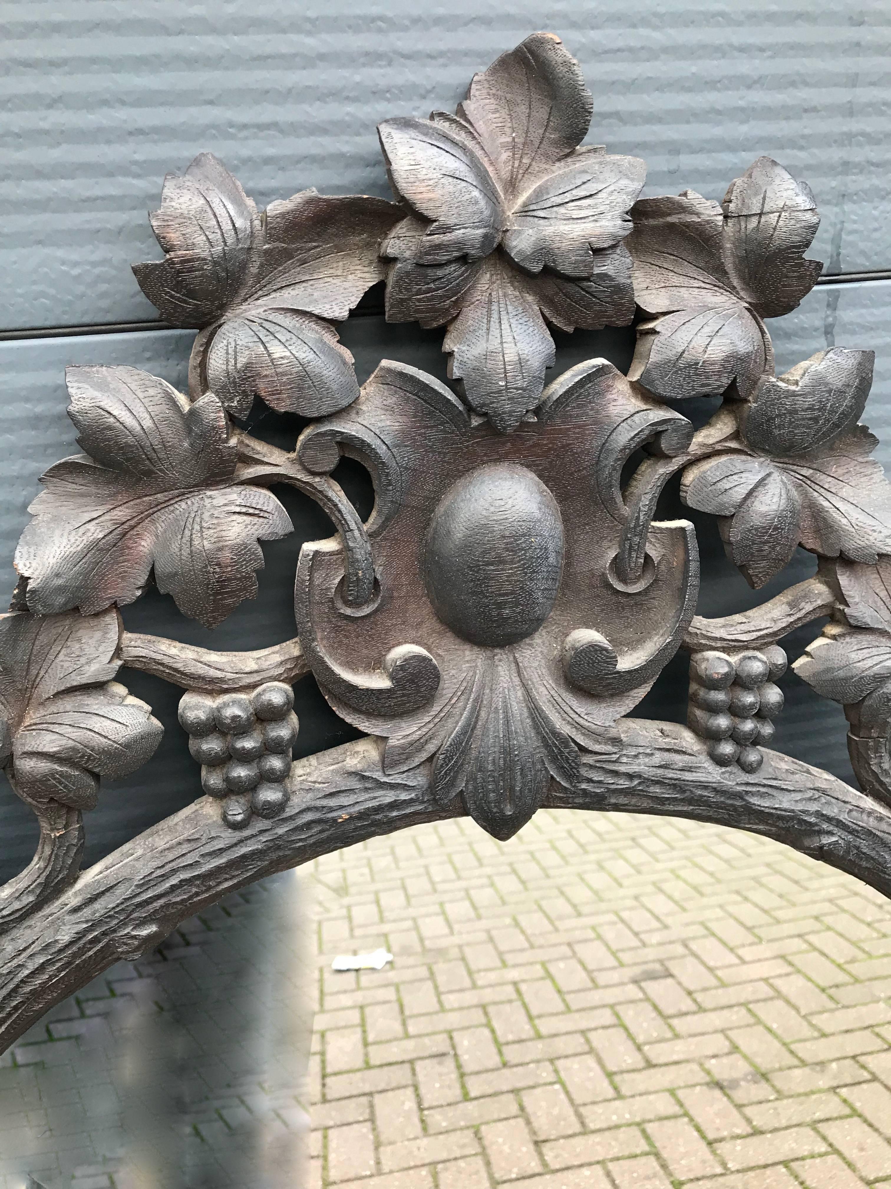 Antique, one of a kind and highly decorative carved mirror. 

This beautiful, mid-19th century, hand-carved antique mirror frame is in great condition. It is perfectly carved with branches with leafs and bunches of grapes all around. The top is