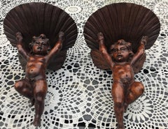 Pair of Early 1800 Hand-Carved Oak Small Cherub Sculptures Wall Brackets Shelfs