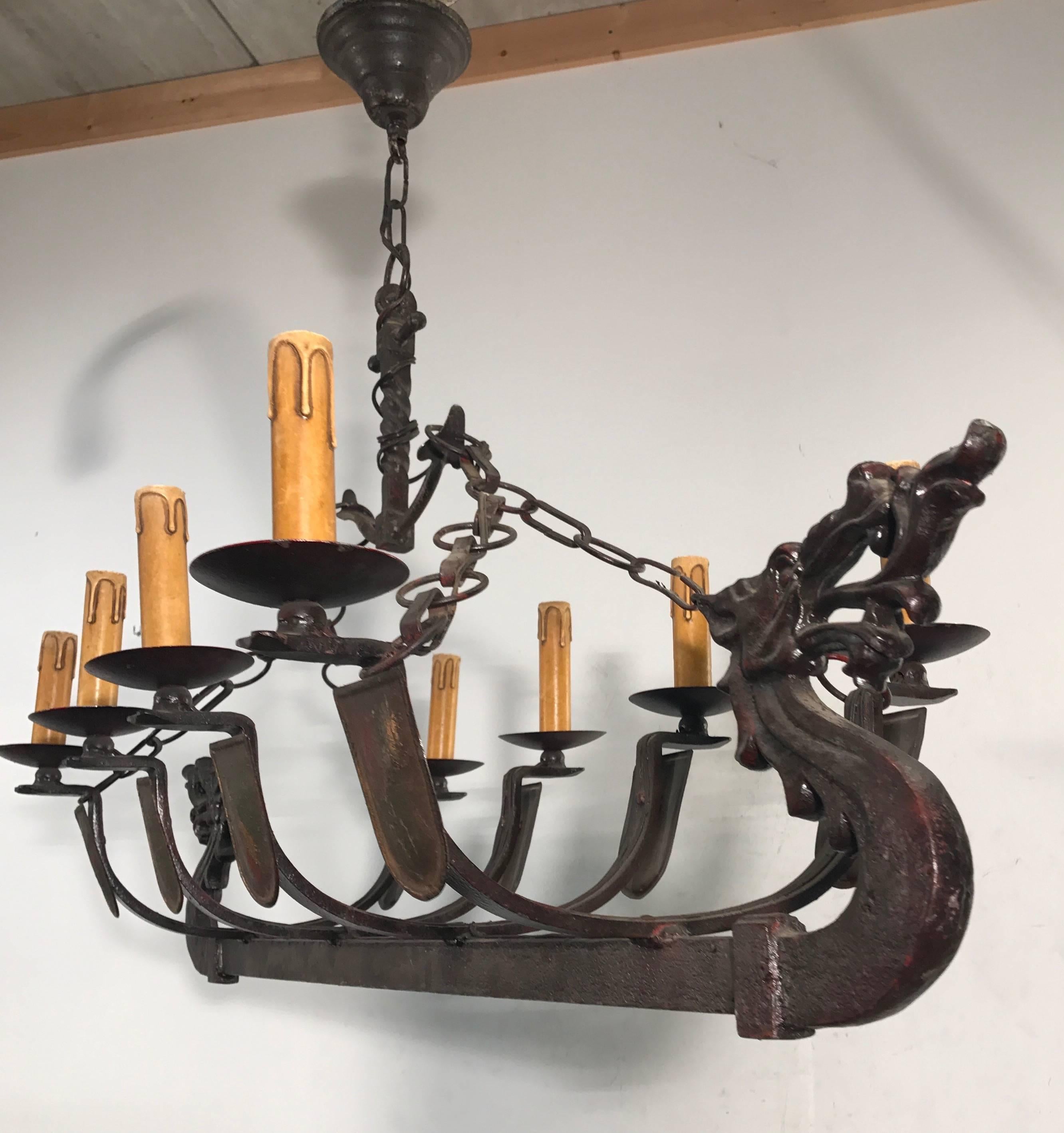European Wrought Iron Medieval St. Viking Longboat Chandelier, Pendant Light with Dragons