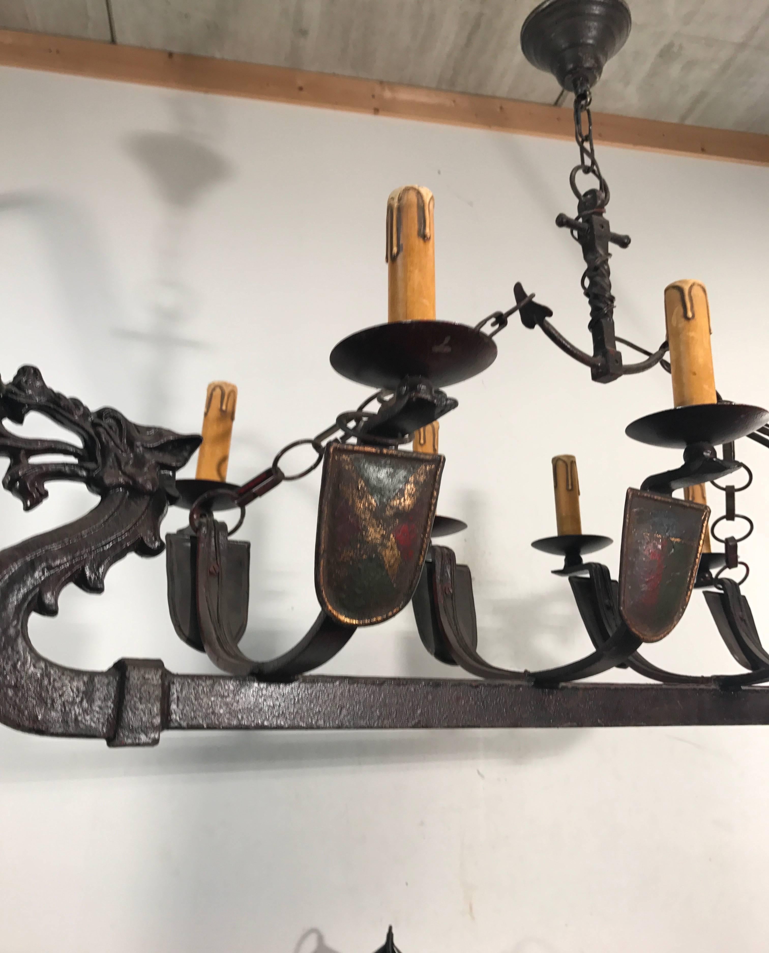 20th Century Wrought Iron Medieval St. Viking Longboat Chandelier, Pendant Light with Dragons
