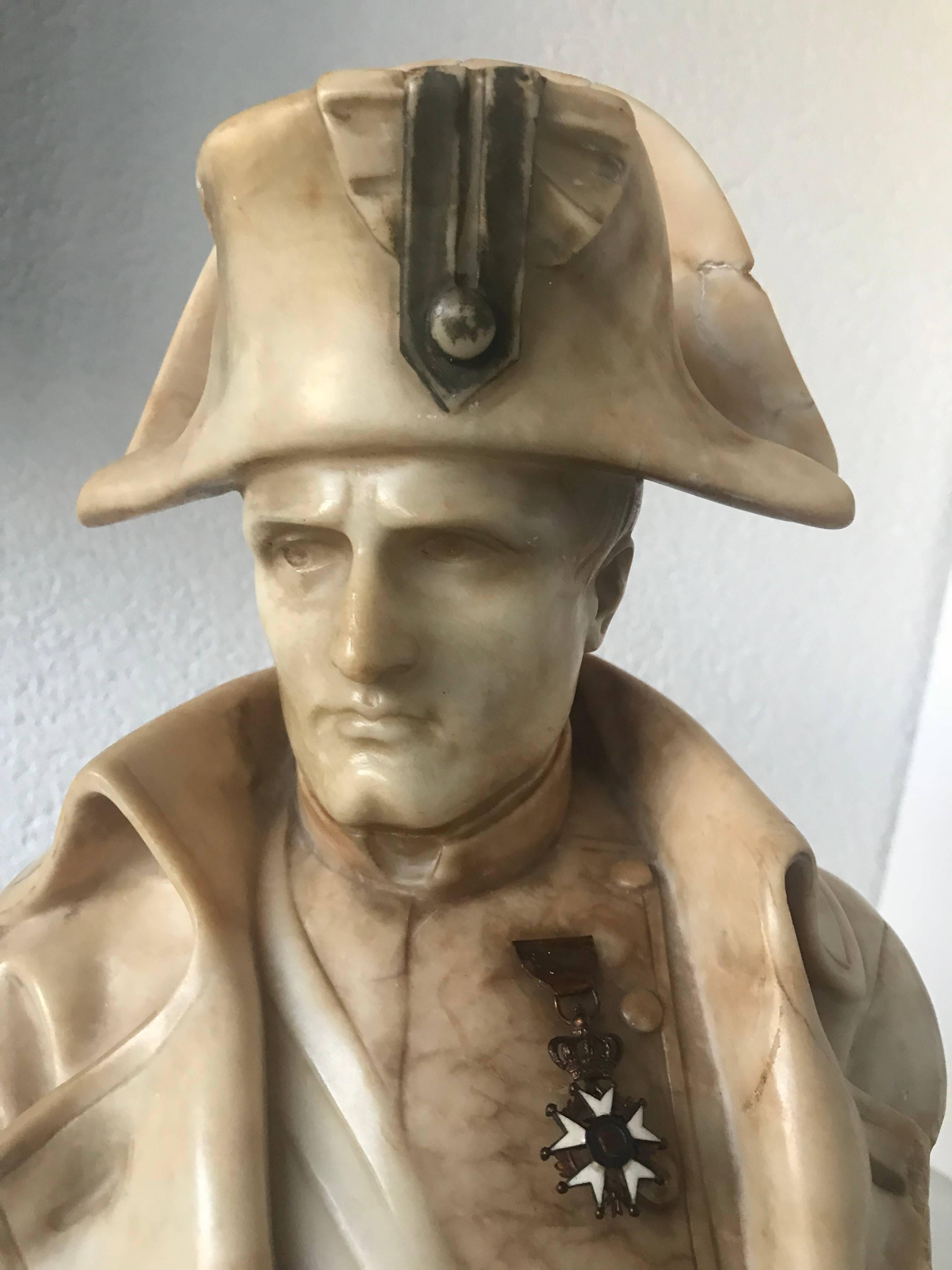 French 19th Century Hand-Carved Alabaster & Marble Napoleon Bust Statue by Emile Pinedo