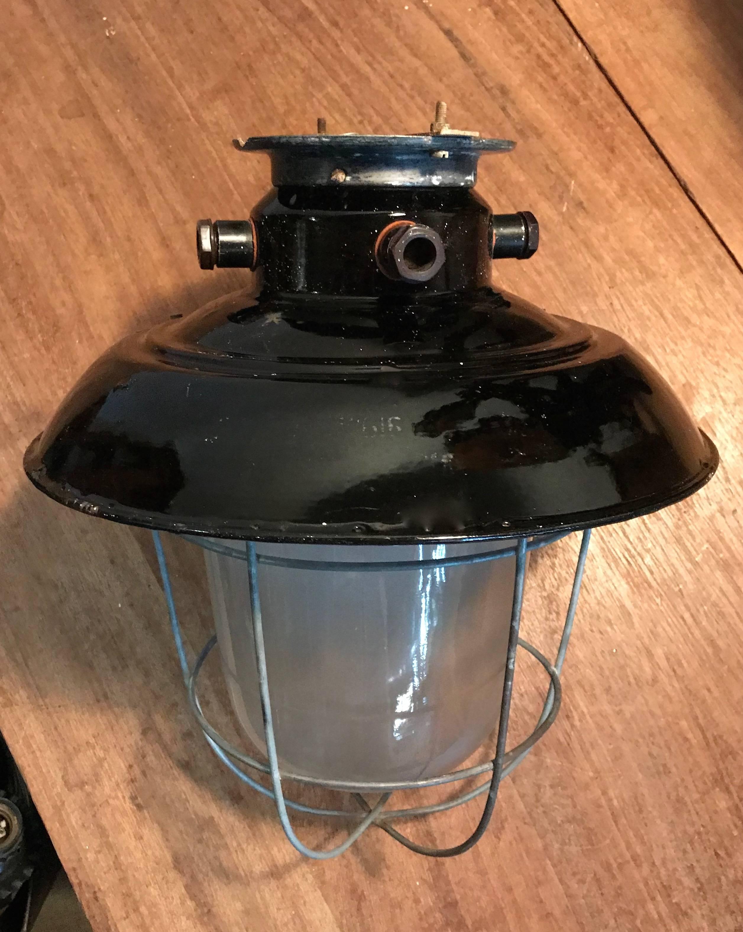 1920s Matching Pair of Industrial, Glass & Black Enamel Caged Light Pendant For Sale 2
