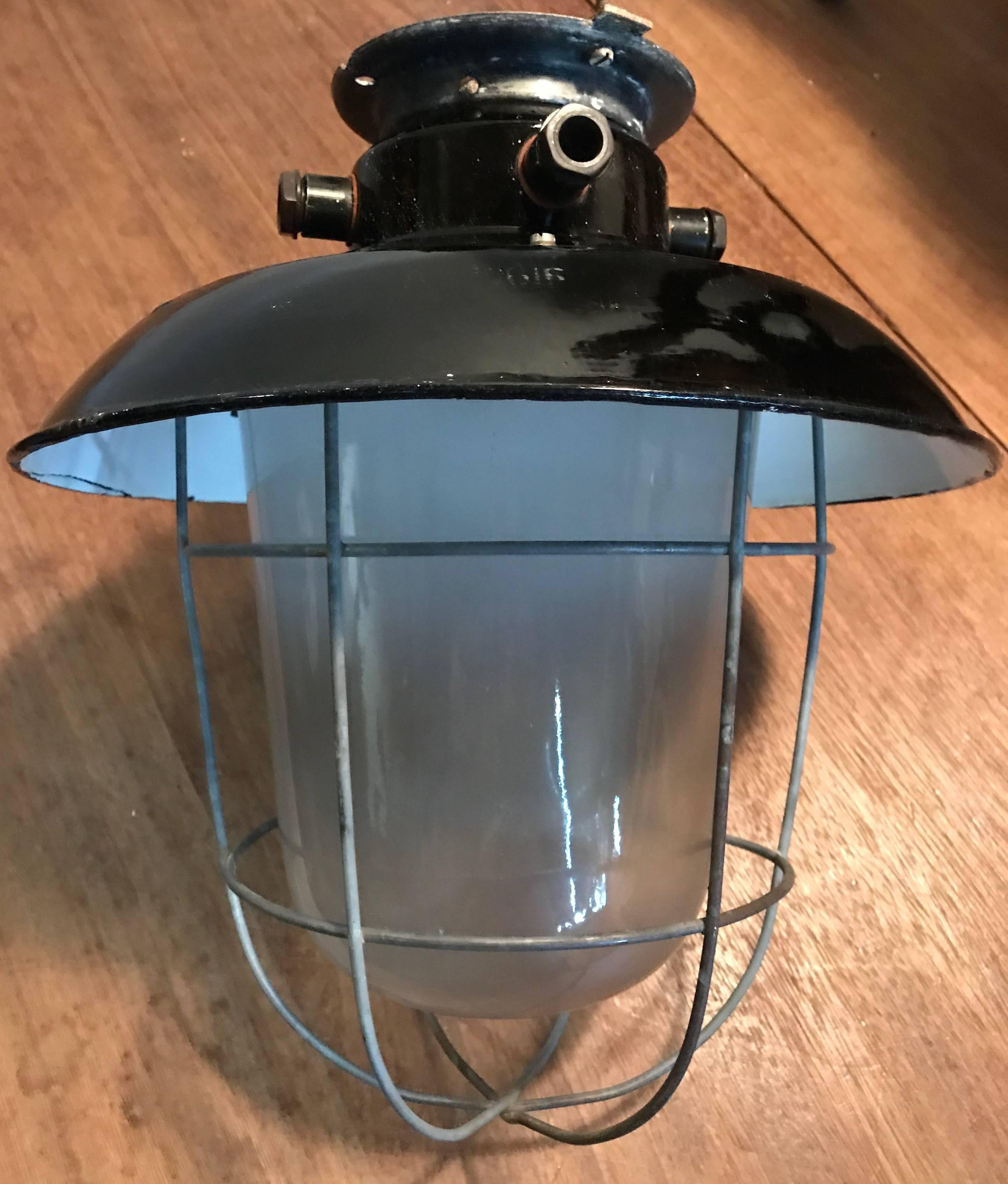 1920s Matching Pair of Industrial, Glass & Black Enamel Caged Light Pendant For Sale 3