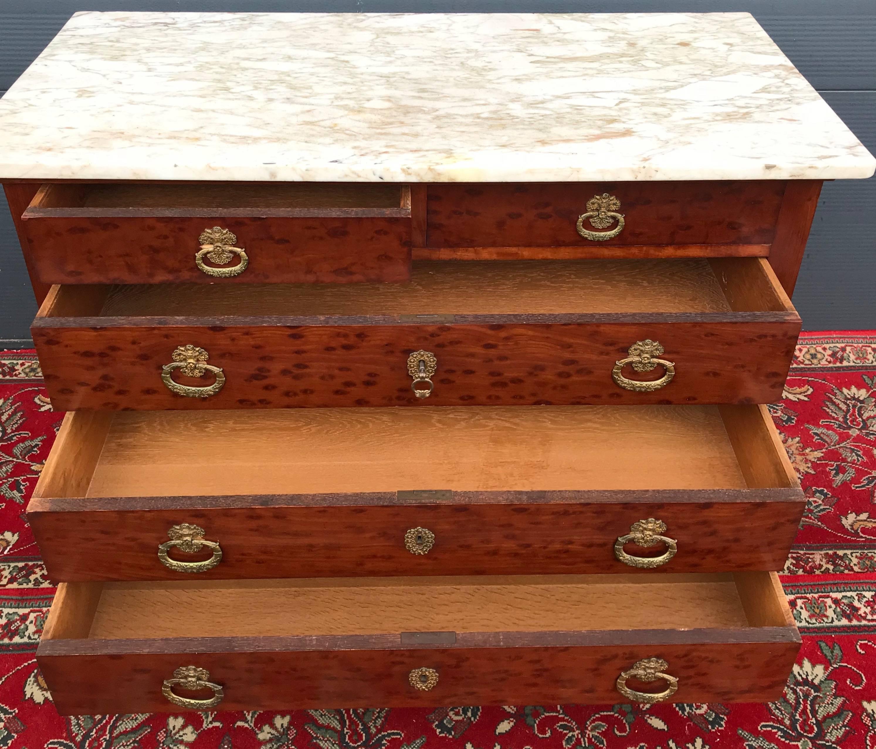 Antique Empire Style Chest of Drawers or Commode Burl Wood, Bronze, Marble Top In Good Condition For Sale In Lisse, NL