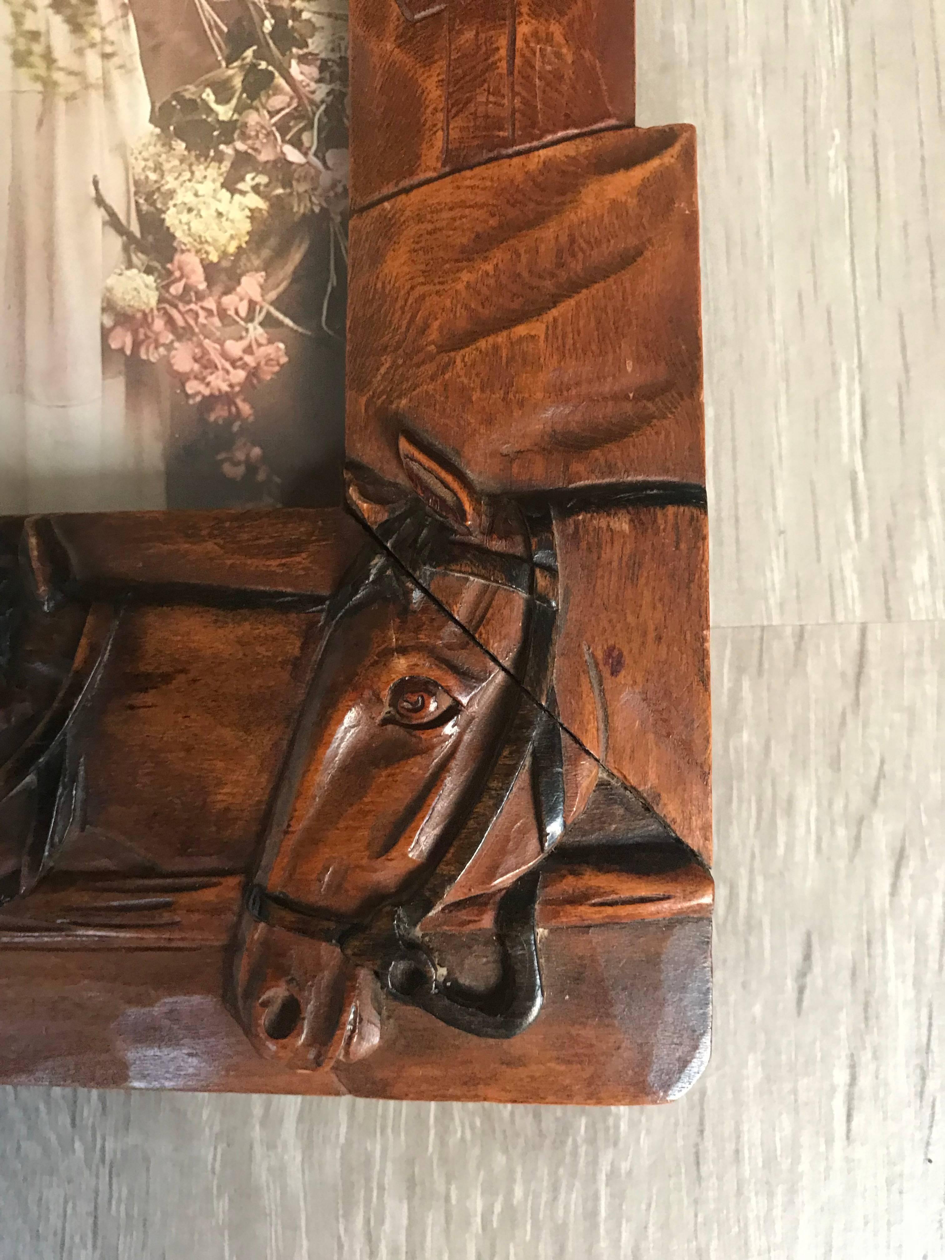 Arts and Crafts Antique and Fine Quality Hand-Carved Wooden Picture Frame with Horse Theme For Sale