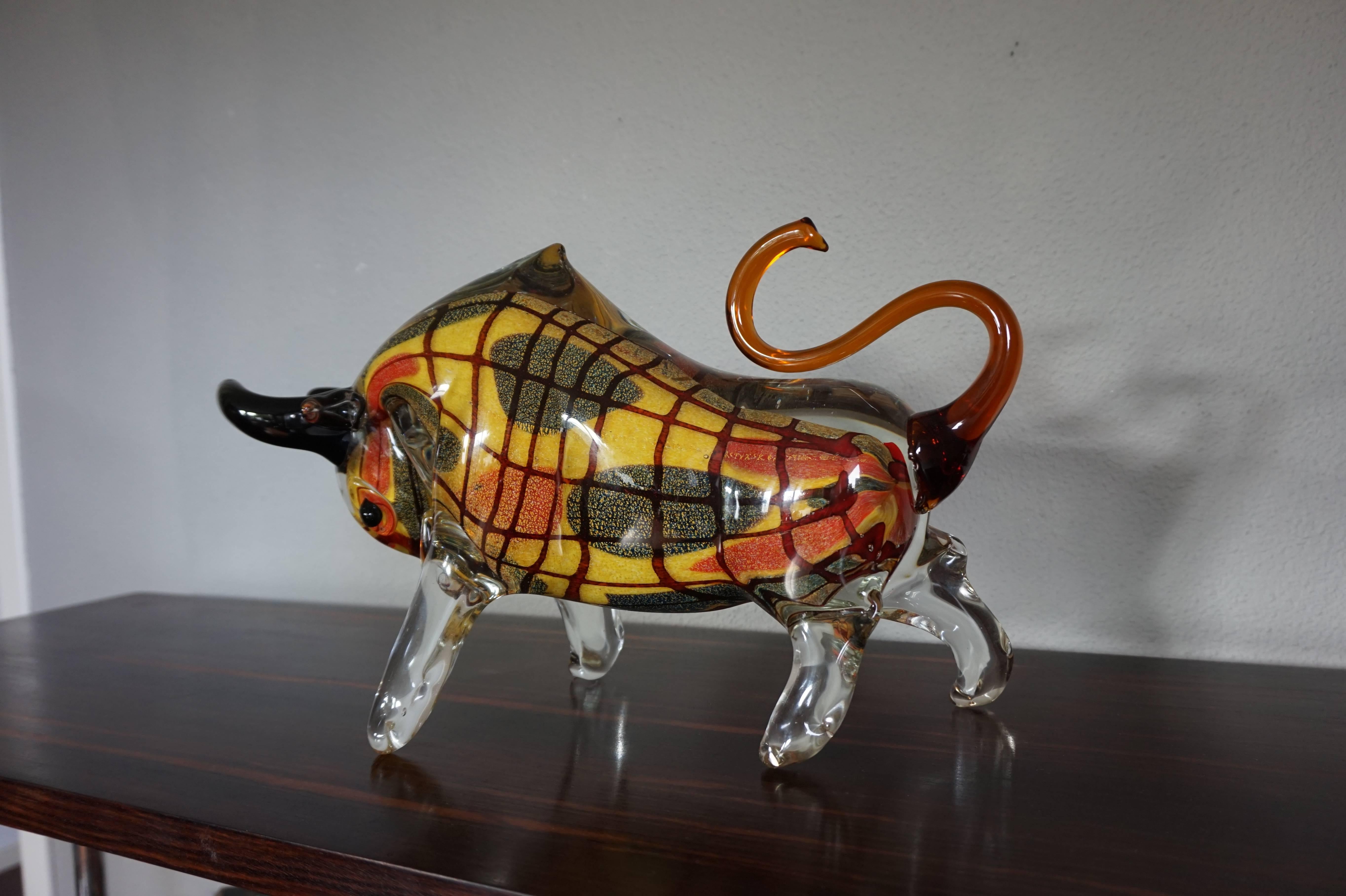 Hand-Crafted Stunning and Mint Murano Glass Art Sculpture 20th Century Charging Bull