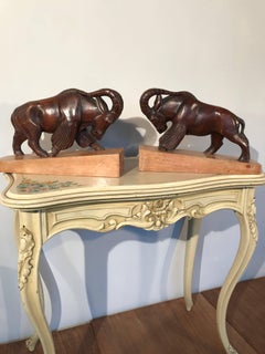 Large & Impressive Hand-Carved Wooden Pair of Fighting Ram Sculpture Bookends