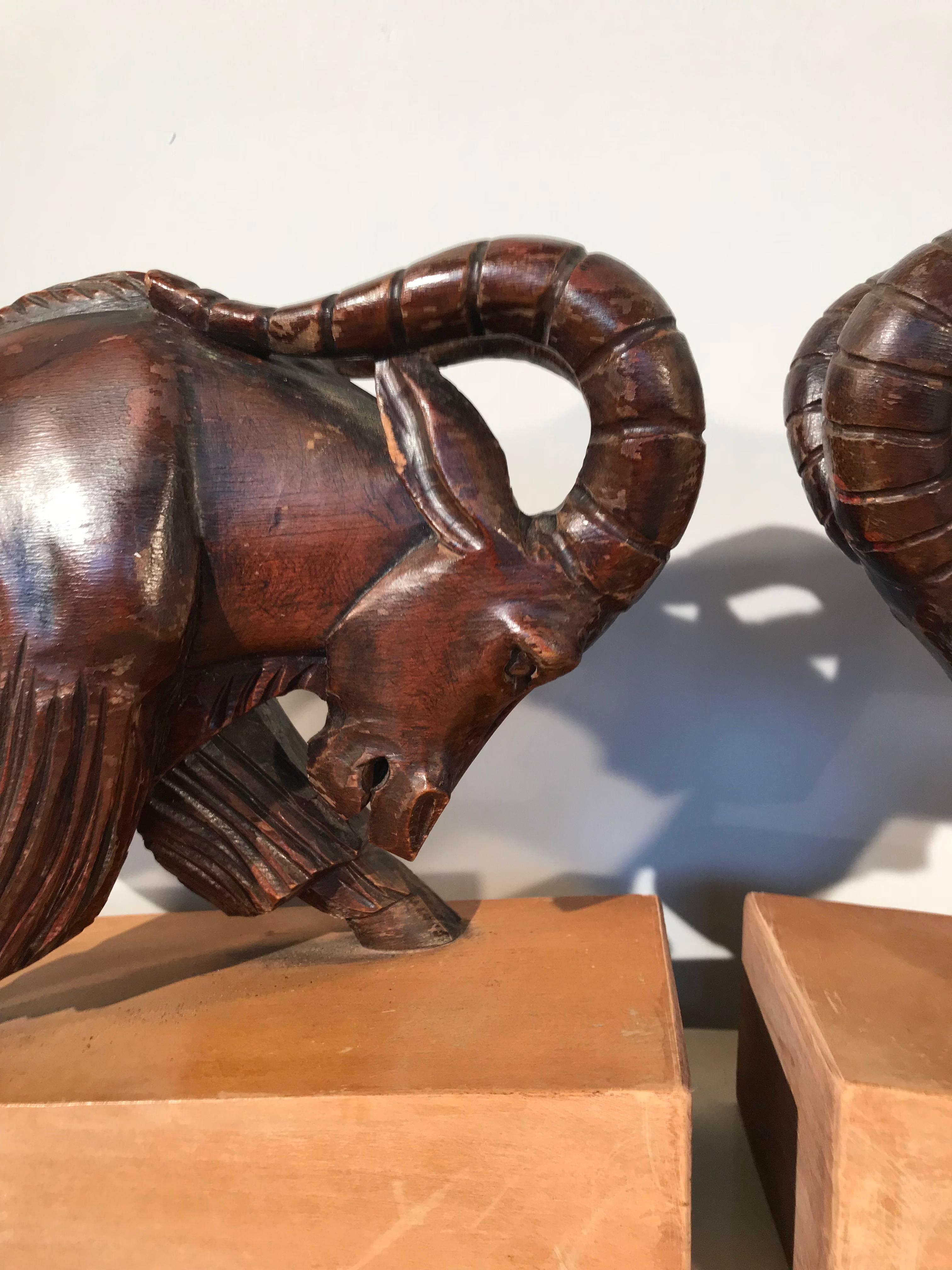 Art Deco Large & Impressive Hand-Carved Wooden Pair of Fighting Ram Sculpture Bookends For Sale
